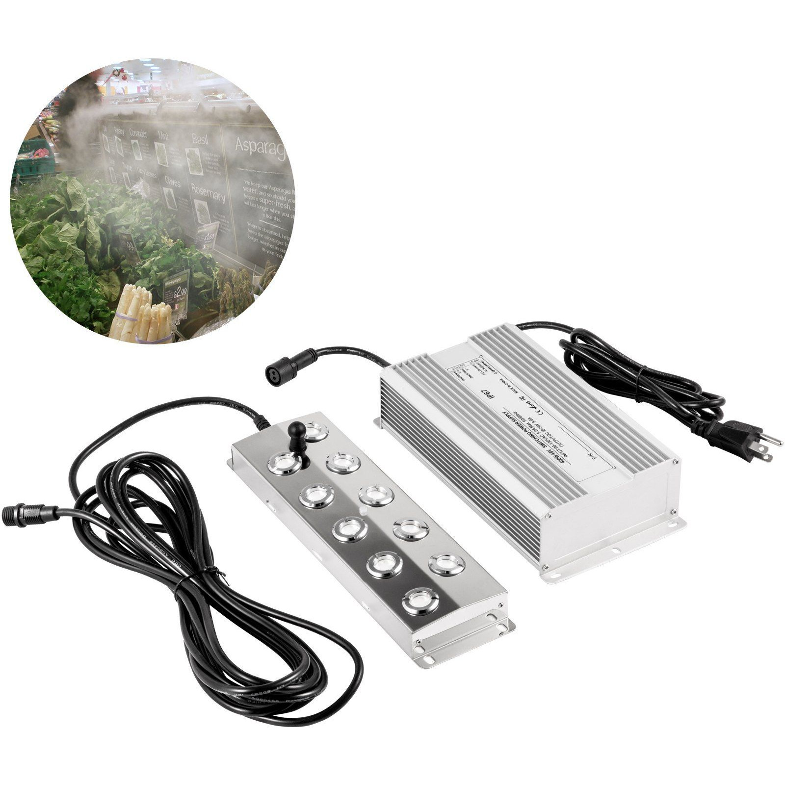 VEVOR Mist Maker Fogger 10 Head Ultrasonic Mist Fogger with Waterproof Power Supply Ultrasonic Fogger Humidifier Stainless Steel Pond Mister Fogger 5kg/h