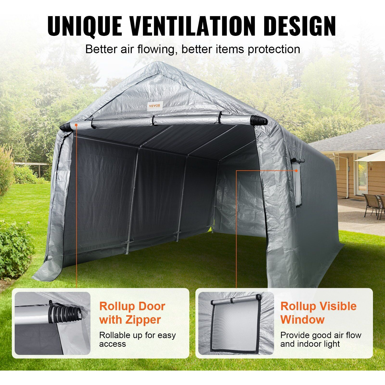 VEVOR Outdoor Portable Storage Shelter Shed, 10x15x8ft Heavy Duty Instant Garage Tent Canopy Carport with Roll-up Zipper Door and Ventilated Windows For Cars, Motorcycle, Bike, Garden Tools