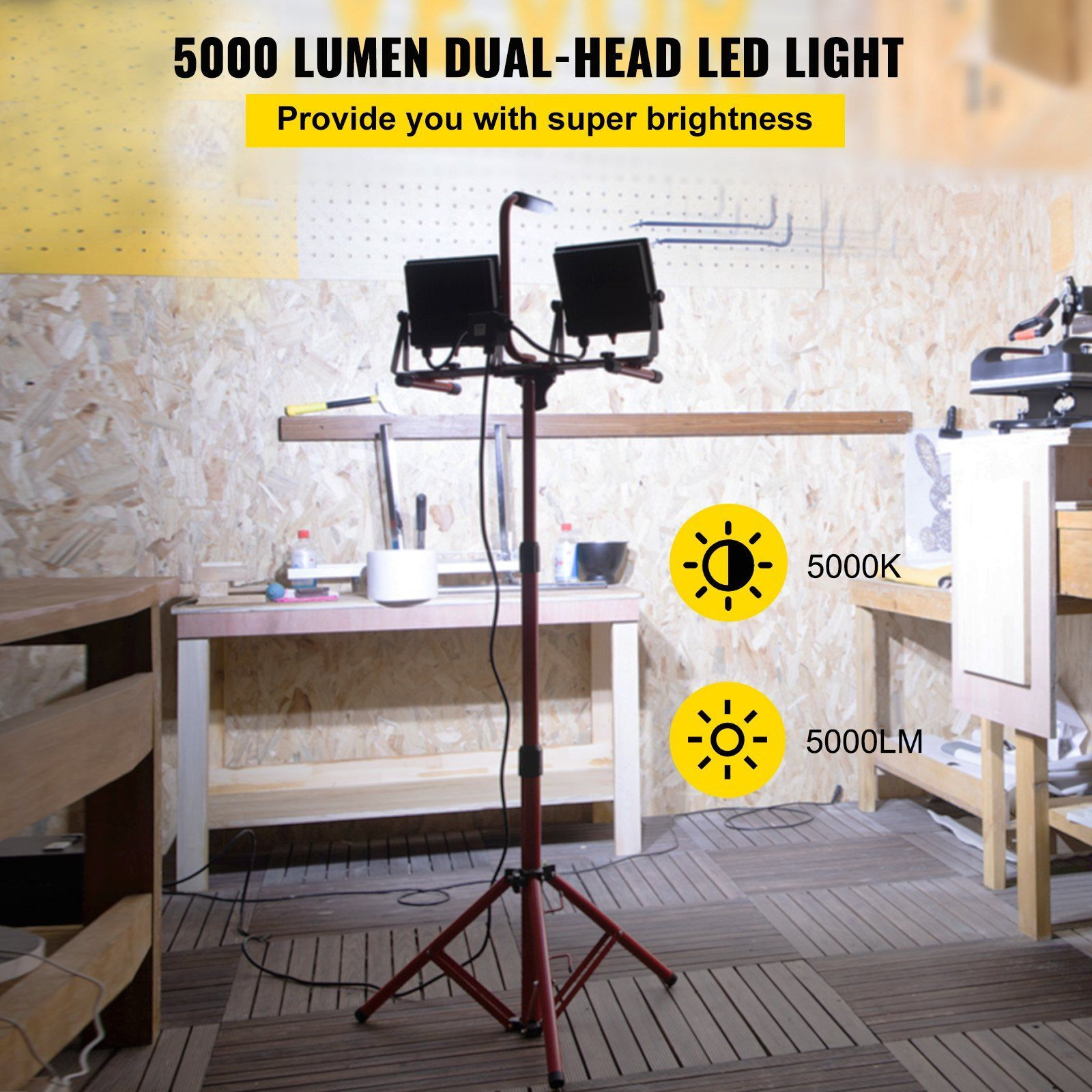 VEVOR LED Work Light with Stand, 5000 Lumen Dual-head LED Work Light with 27.6"-68.1" Adjustable and Foldable Tripod Stand, IP65 Waterproofed LED Tripod Work Light, with 5000 Kelvin Color Temperature