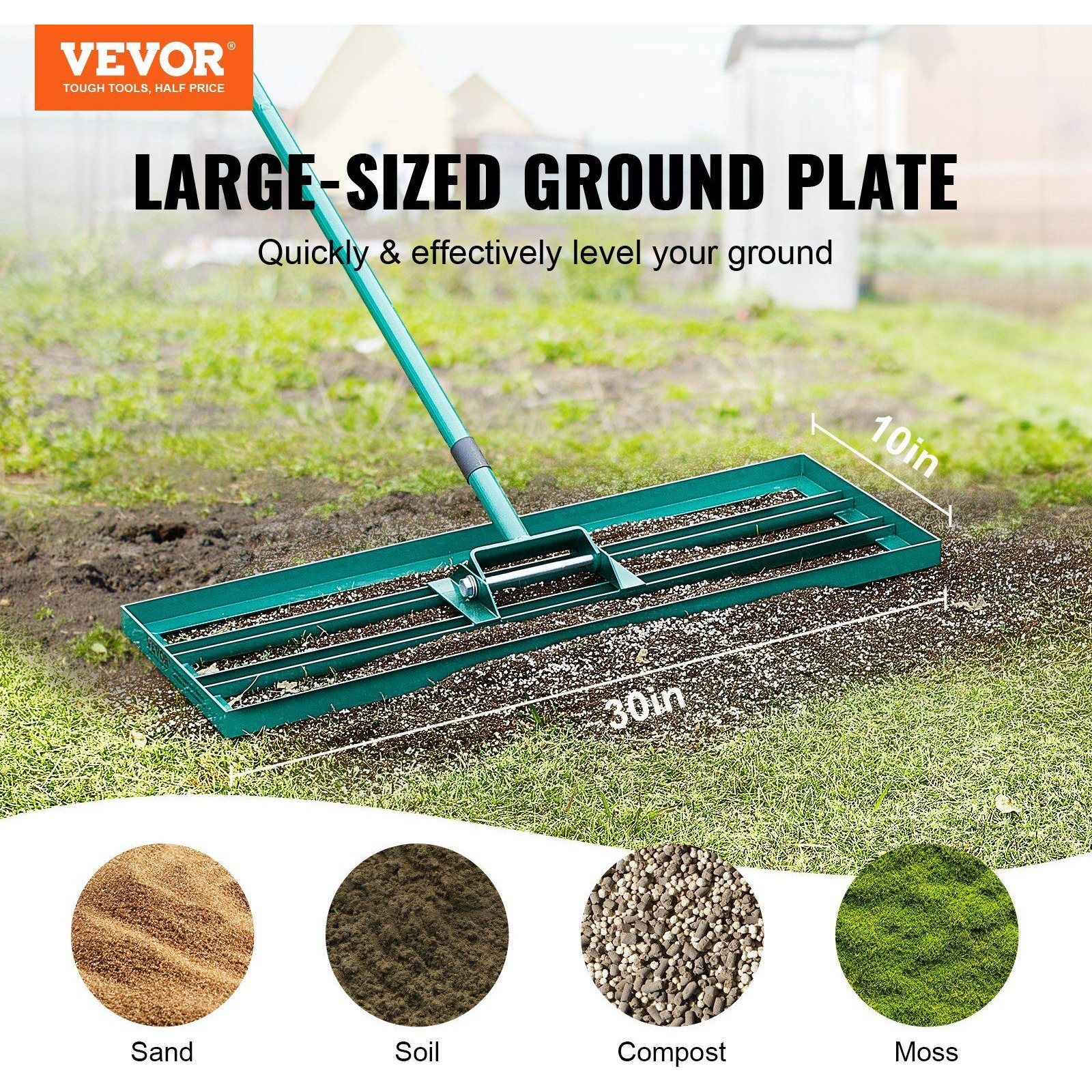 VEVOR Lawn Leveling Rake, 30&quotx10" Level Lawn Tool, Heavy-duty Lawn Leveler with 78" Steel Extended Handle, Yard Leveling Rake Suit for Garden, Golf Lawn, Farm