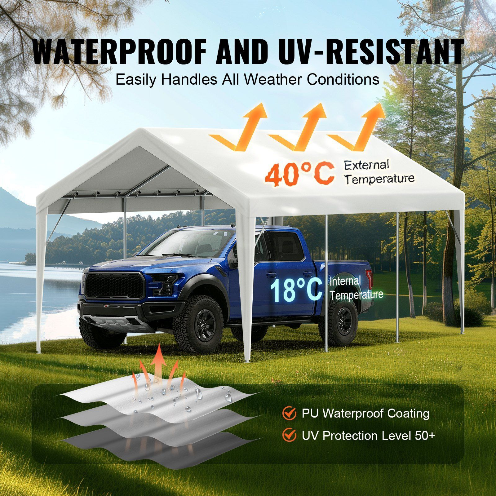 VEVOR Carport Replacement Canopy Cover 10 x 20 ft, Garage Top Tent Shelter Tarp Heavy-Duty Waterproof & UV Protected, Easy Installation with Ball Bungees,White (Only Top Cover, Frame Not Include)