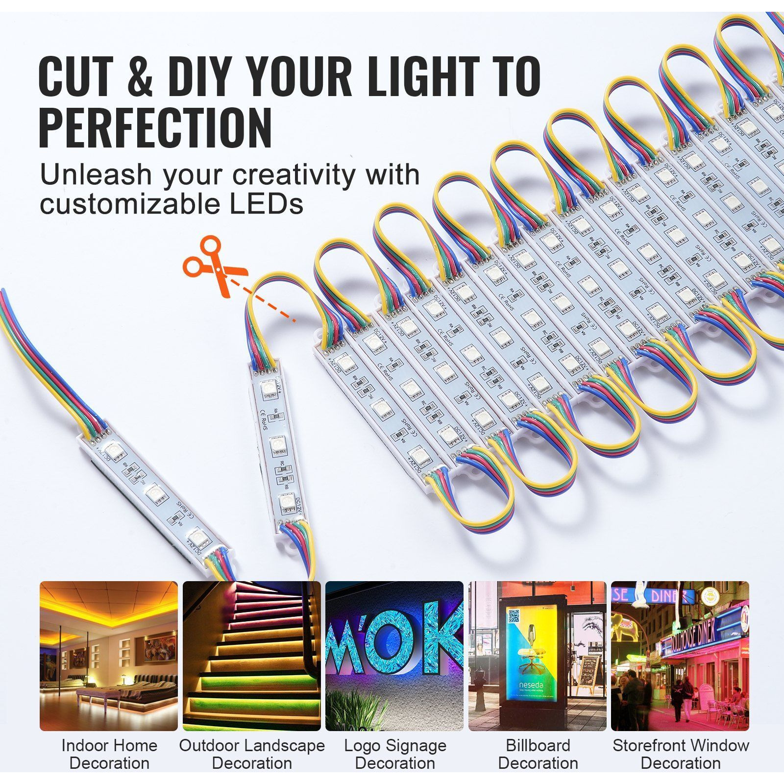 VEVOR 200PCS LED Storefront Lights, 103 ft, LED Module Lights, 5050 SMD 3-LED RGB Color Changing Window Lights with Remote Control for Business Store Window Advertising Letter Signs, IP68 Waterproof