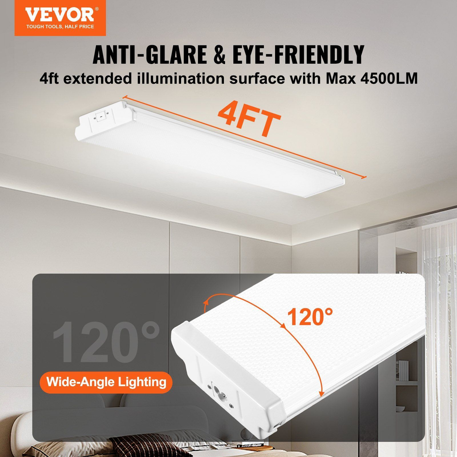 VEVOR 4FT LED Wraparound Light, 40W, 4500LM Flush Mount LED Shop Light, 6500K Daylight LED Kitchen Ceiling Lighting Fixtures, for Garage Office Laundry Craft Room Fluorescent Tube Replacement, ETL