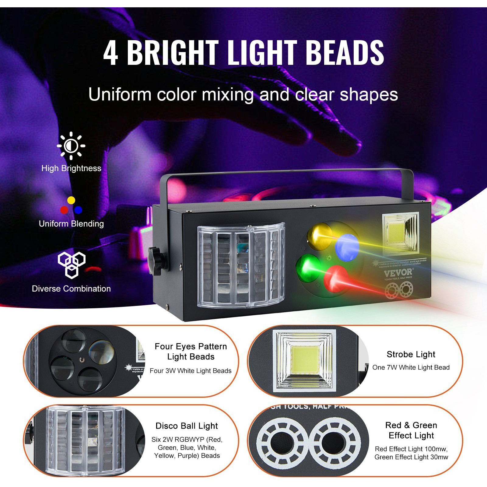 VEVOR Stage Lights, 4 in 1 RGB Party Lights, LED Pattern Strobe Light, Mixed Lighting Effects Sound Activated with Red & Green Effect Light for DJ Club Disco Party Wedding Birthday Christmas (Black)