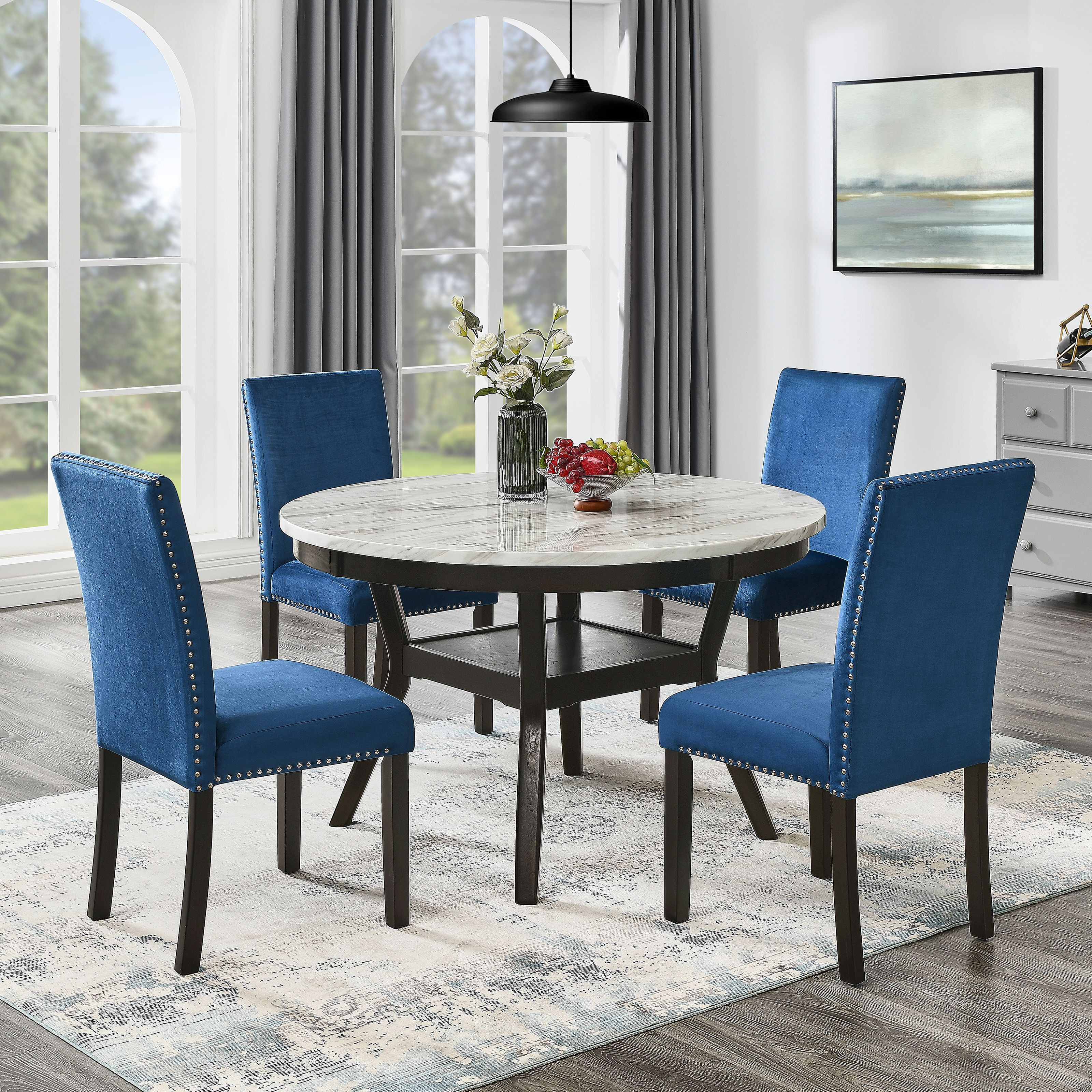 5-Piece Mella Dining Set - Round Faux Marble Table with 4 Blue Velvet Parsons Chairs, Dark Espresso Finish