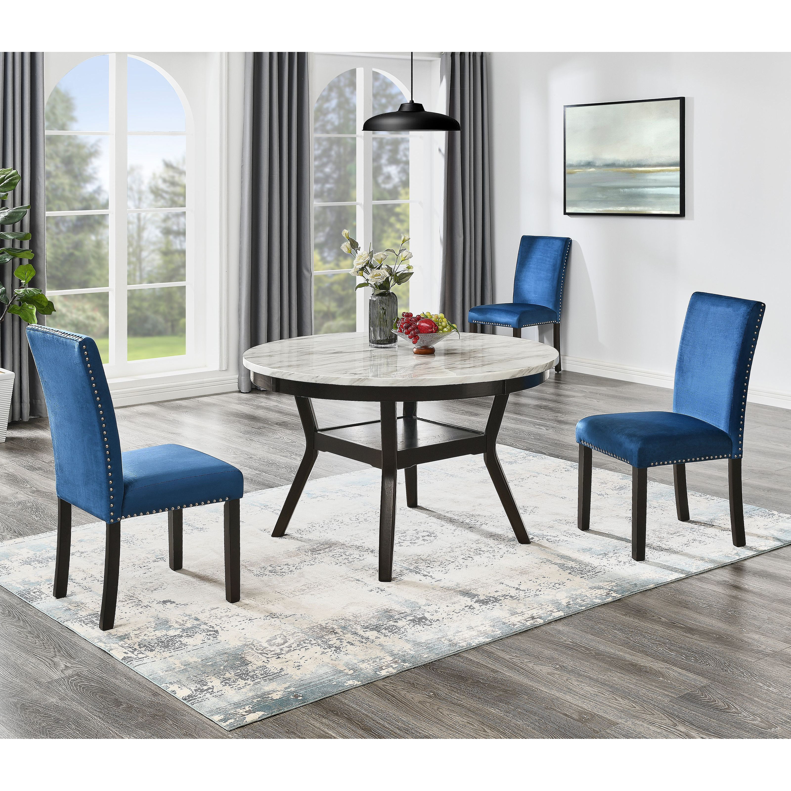 5-Piece Mella Dining Set - Round Faux Marble Table with 4 Blue Velvet Parsons Chairs, Dark Espresso Finish