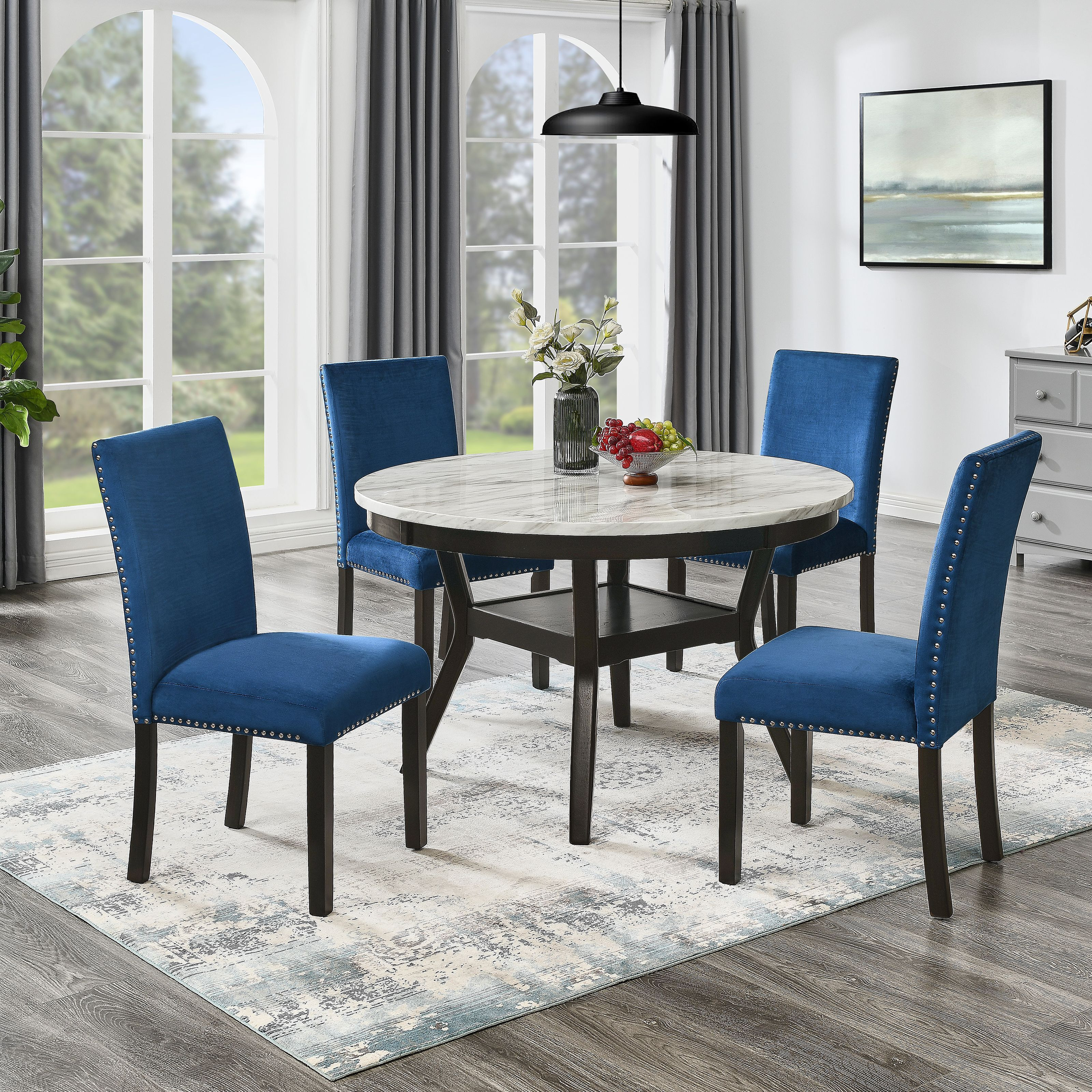 5-Piece Mella Dining Set - Round Faux Marble Table with 4 Blue Velvet Parsons Chairs, Dark Espresso Finish