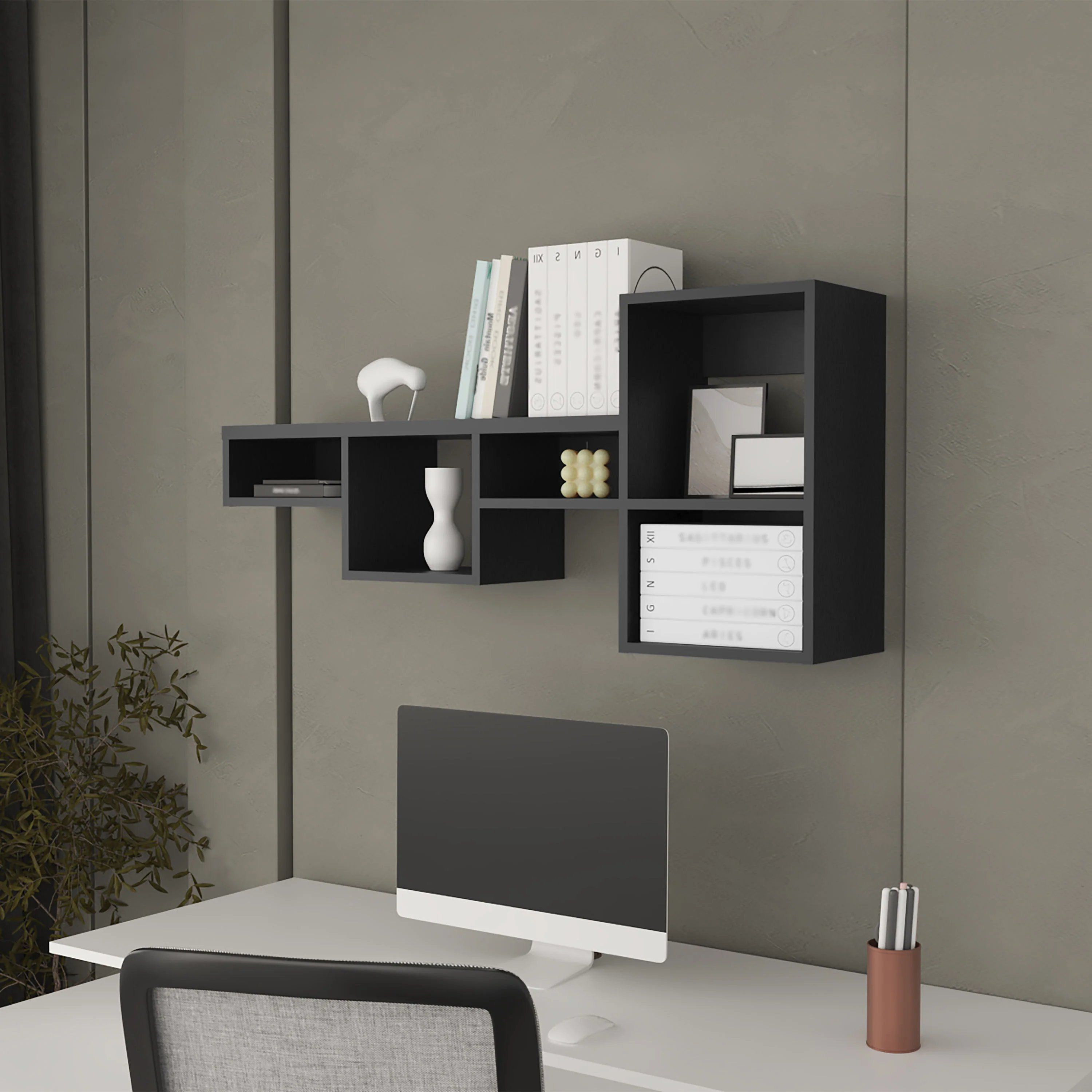 Black Wall-Mounted Shelf Unit with 5 Shelf