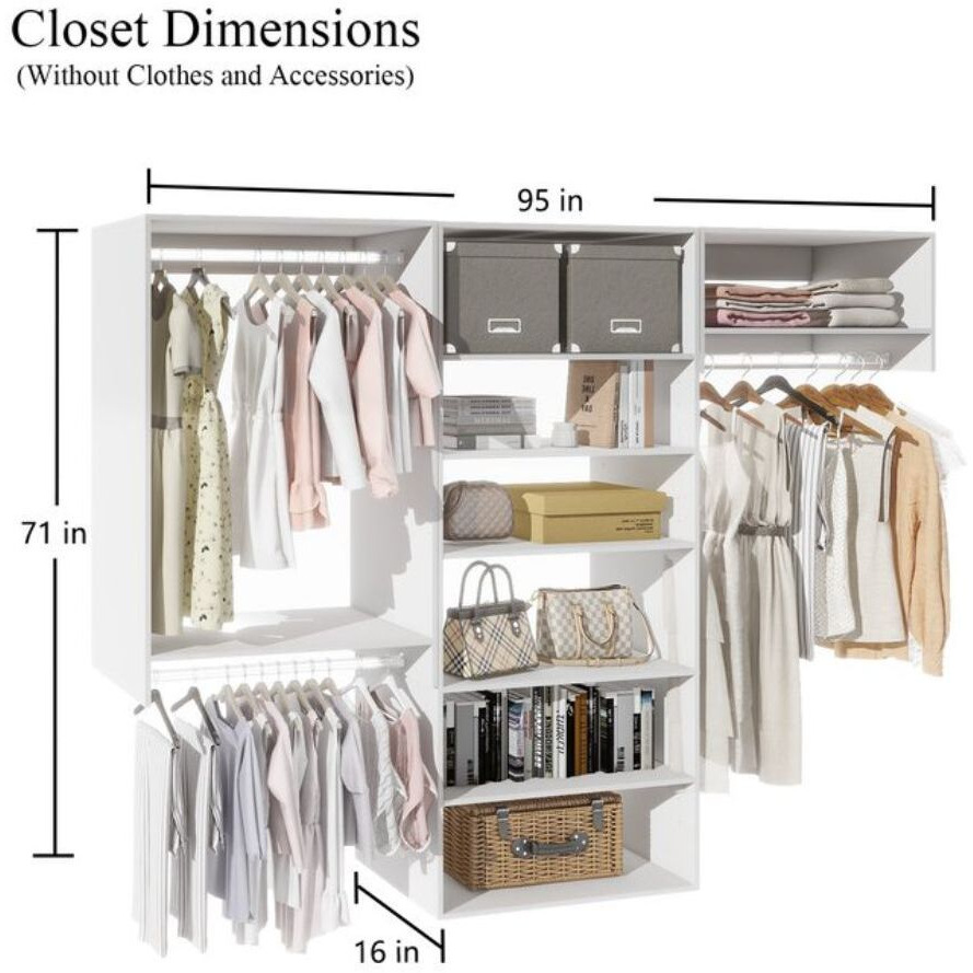 Livelylodge Modular Wardrobe Closet - Freestanding White Closet with Spacious Storage Shelves and Hanging Rods 70.86&quotW x 16.04&quotD x 70.86&quotH