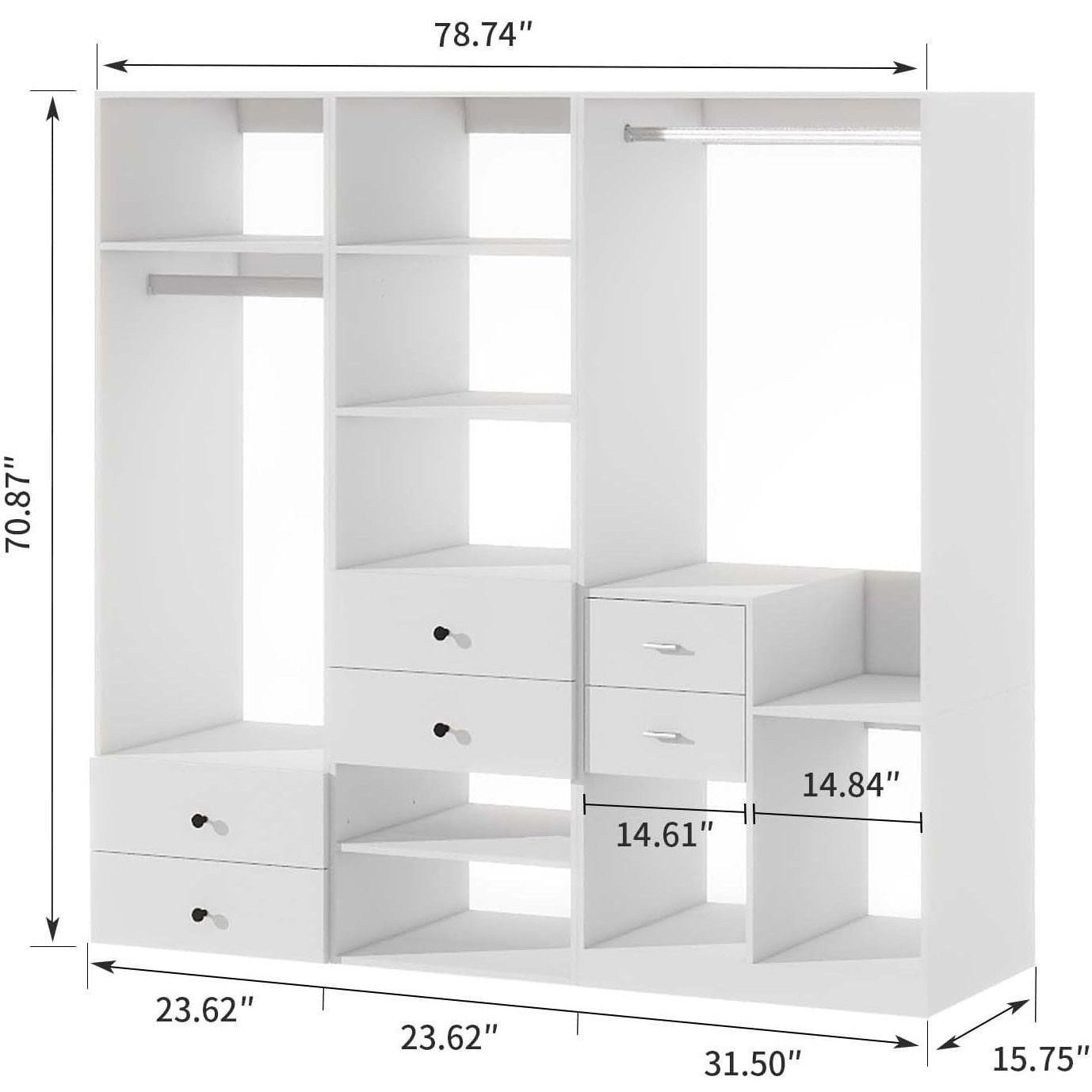 Livelylodge Modular Wardrobe Closet - Freestanding White Closet with Spacious Storage Shelves and Hanging Rods 70.86&quotW x 16.04&quotD x 70.86&quotH