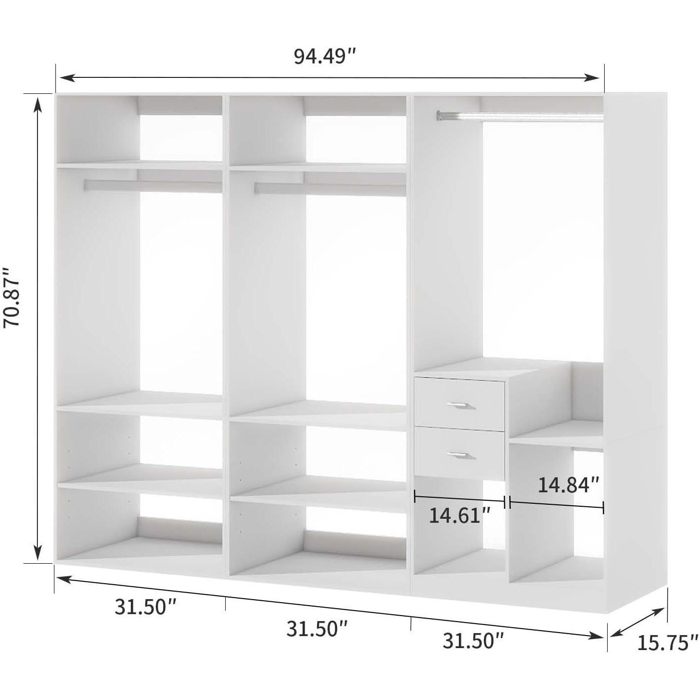 Livelylodge Modular Wardrobe Closet - Freestanding White Closet with Spacious Storage Shelves and Hanging Rods 70.86&quotW x 16.04&quotD x 70.86&quotH