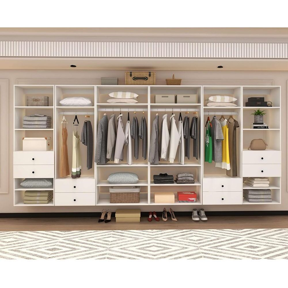 Wooden Modular Closet System, Wall Mounted Garment Rack Walk in Clothes Storage Cabinet Built in Closet Organization