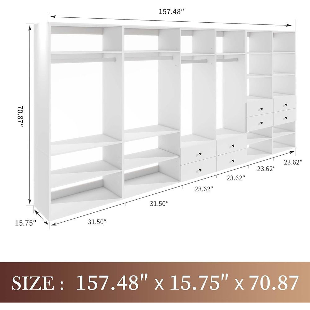 Wooden Modular Closet System, Wall Mounted Garment Rack Walk in Clothes Storage Cabinet Built in Closet Organization