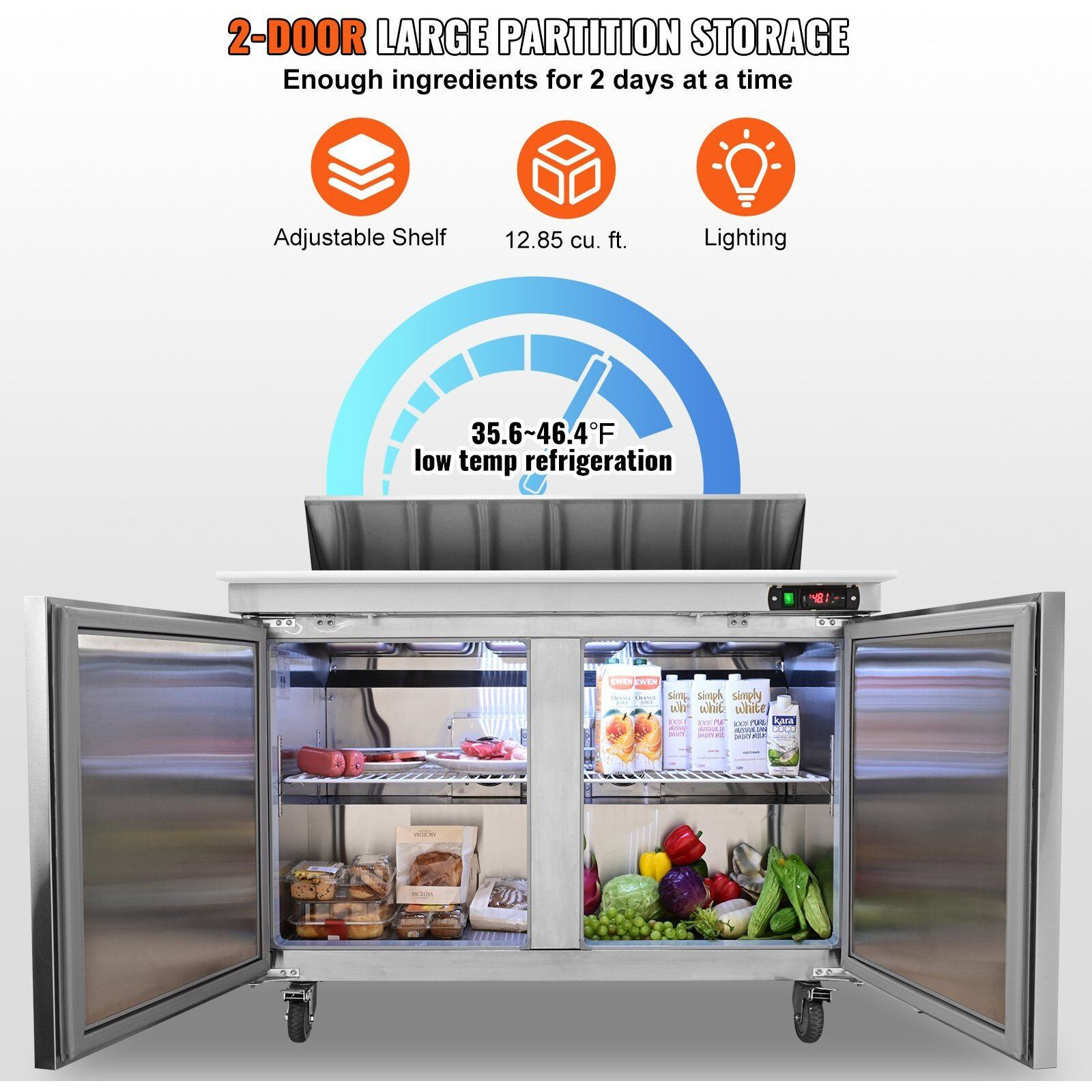 VEVOR Commercial Refrigerator, 48" Sandwich & Salad Prep Table, 12.85 Cu. Ft Thick Stainless Steel Refrigerated Food Prep Station with 12 Pans Cutting Board, 2 Door Fridge for Restaurant, Bar, Shop