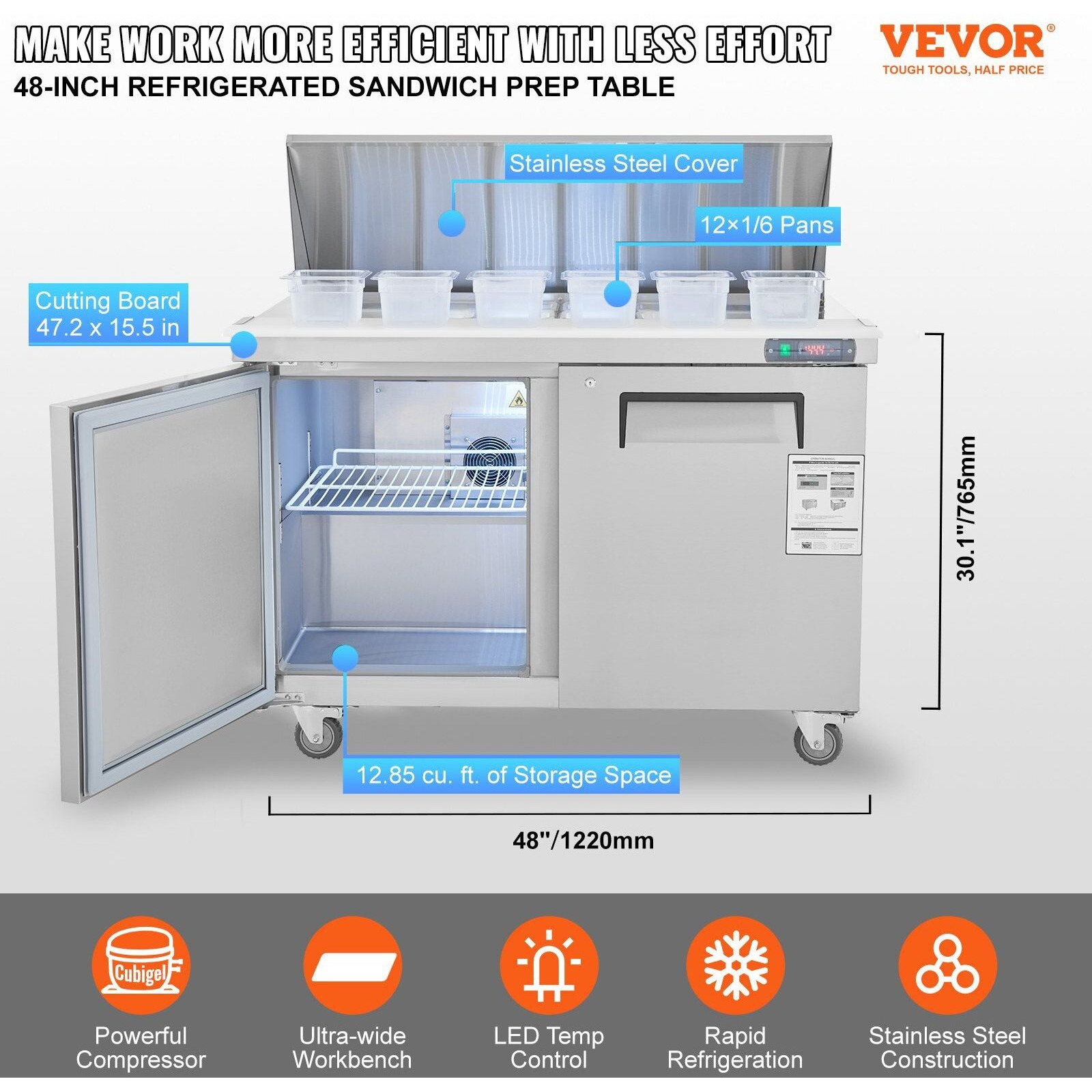 VEVOR Commercial Refrigerator, 48" Sandwich & Salad Prep Table, 12.85 Cu. Ft Thick Stainless Steel Refrigerated Food Prep Station with 12 Pans Cutting Board, 2 Door Fridge for Restaurant, Bar, Shop