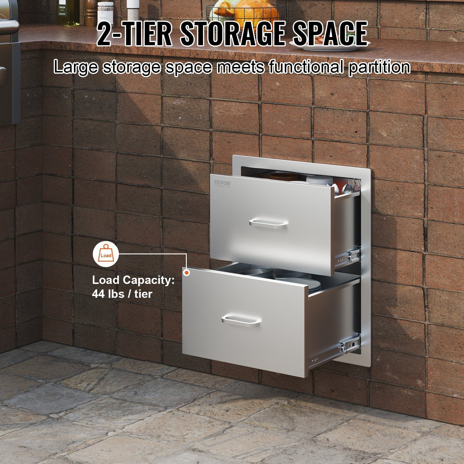 VEVOR Outdoor Kitchen Drawers 18W x 20.6H x 12.7D Inch, Flush Mount Double BBQ Drawers Stainless Steel with Handle, BBQ Island Drawers for Outdoor Kitchens or Patio Grill Station