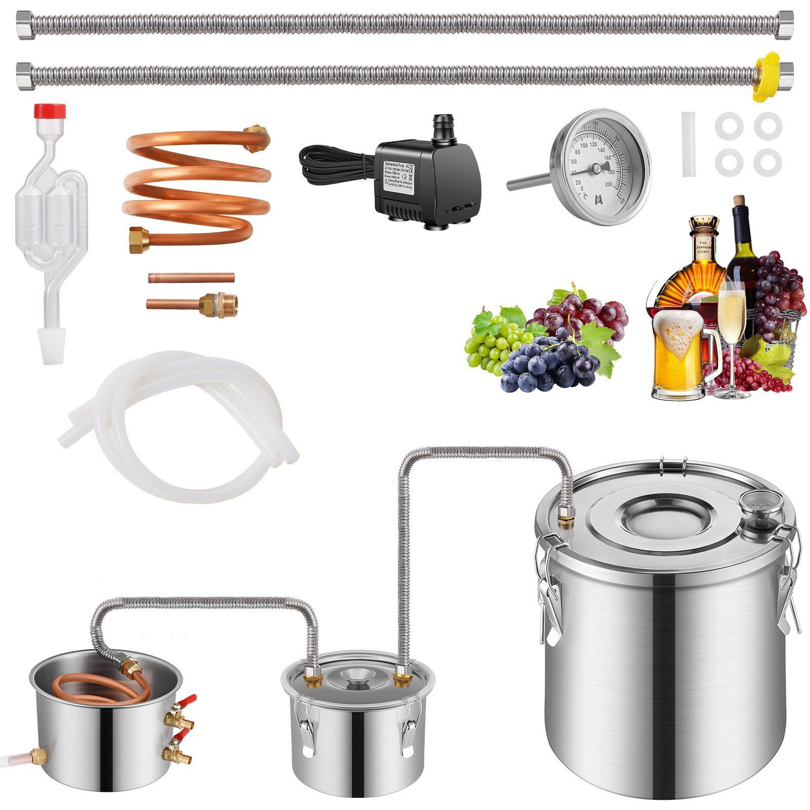 Moonshine Still Water Alcohol Distiller 3Gal w/Thumper Keg & 8W Water Pump