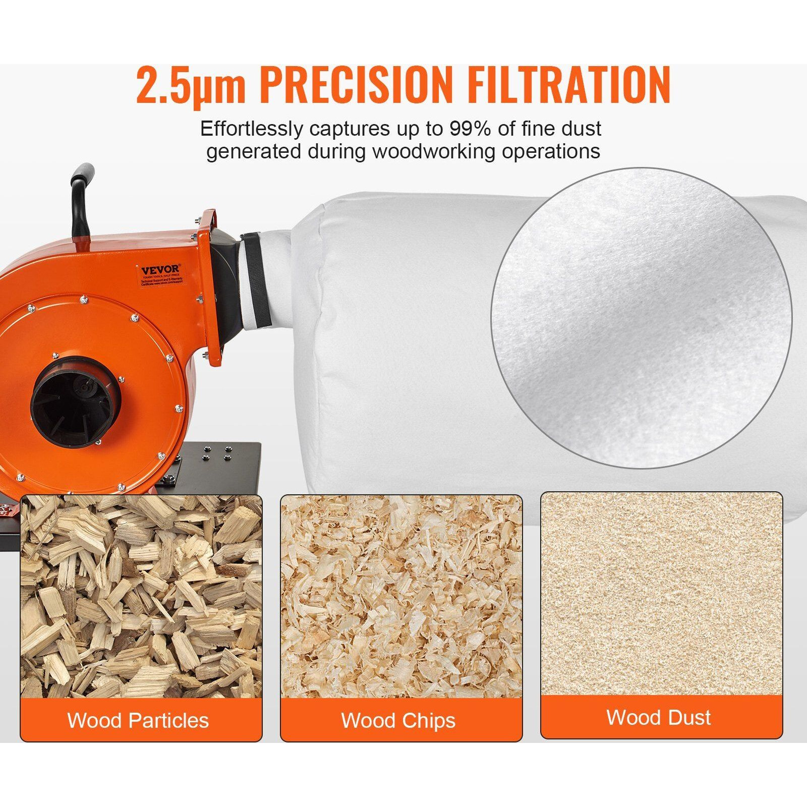VEVOR Dust Collector, 1HP 537 CFM Air Flow, Rolling Dust Collector with 21-Gallon Dust Collection Bag, 2.5 Micron Bag Filtration, Industrial Workshop Mobile Wood Dust Container with Handle and Wheels