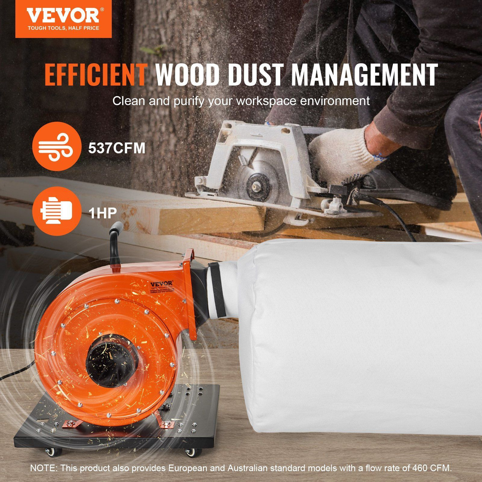 VEVOR Dust Collector, 1HP 537 CFM Air Flow, Rolling Dust Collector with 21-Gallon Dust Collection Bag, 2.5 Micron Bag Filtration, Industrial Workshop Mobile Wood Dust Container with Handle and Wheels