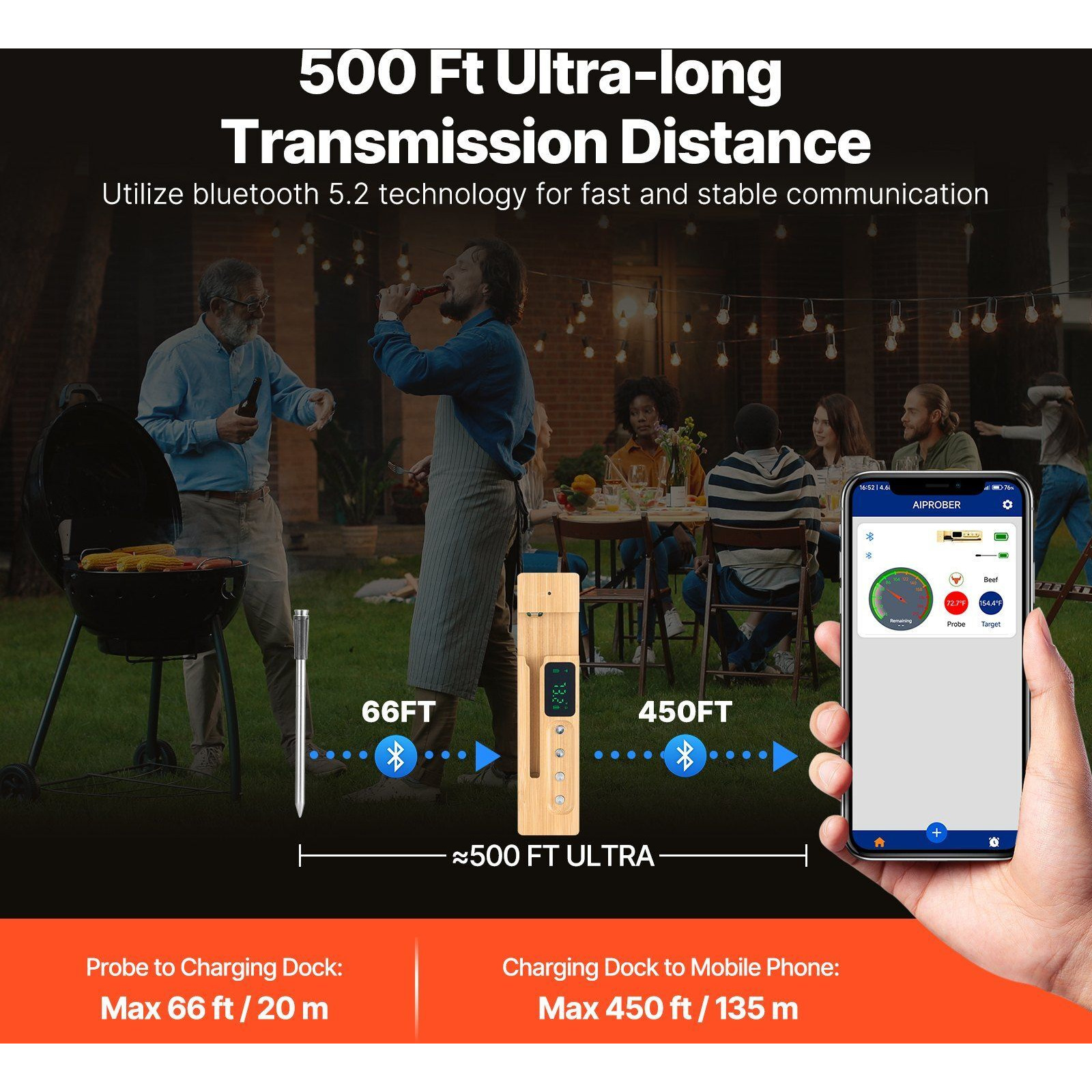 VEVOR Wireless Meat Thermometer Bluetooth Meat Probe 500 ft Range for Cooking
