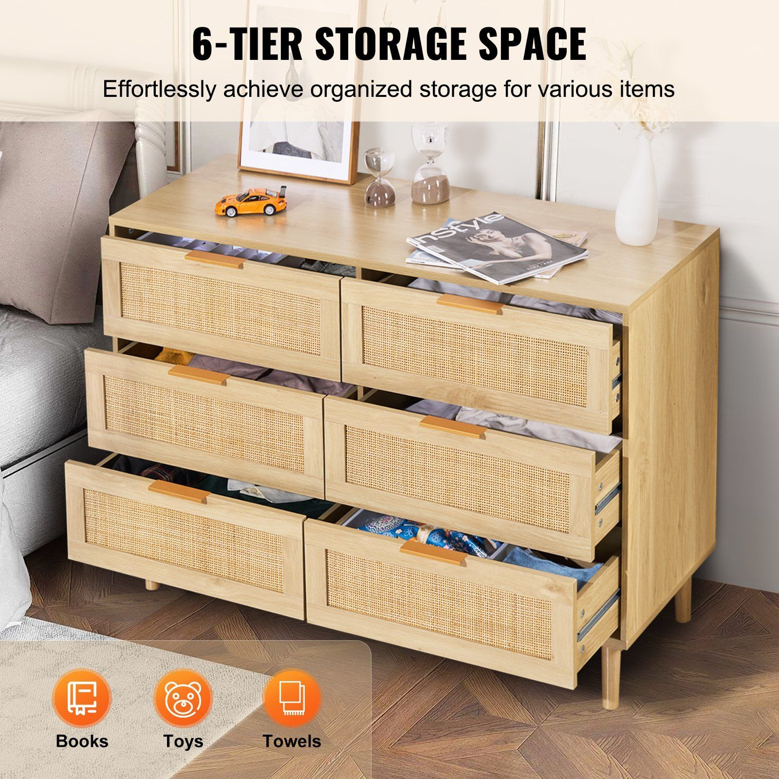 VEVOR 7 Drawer Rattan Dresser, Boho Dresser, Natural Rattan Chest of Drawers with Spacious Storage, for Bedroom, Living Room & Hallway, Rattan Nightstand with Sturdy Handles&Legs, Natural Wood