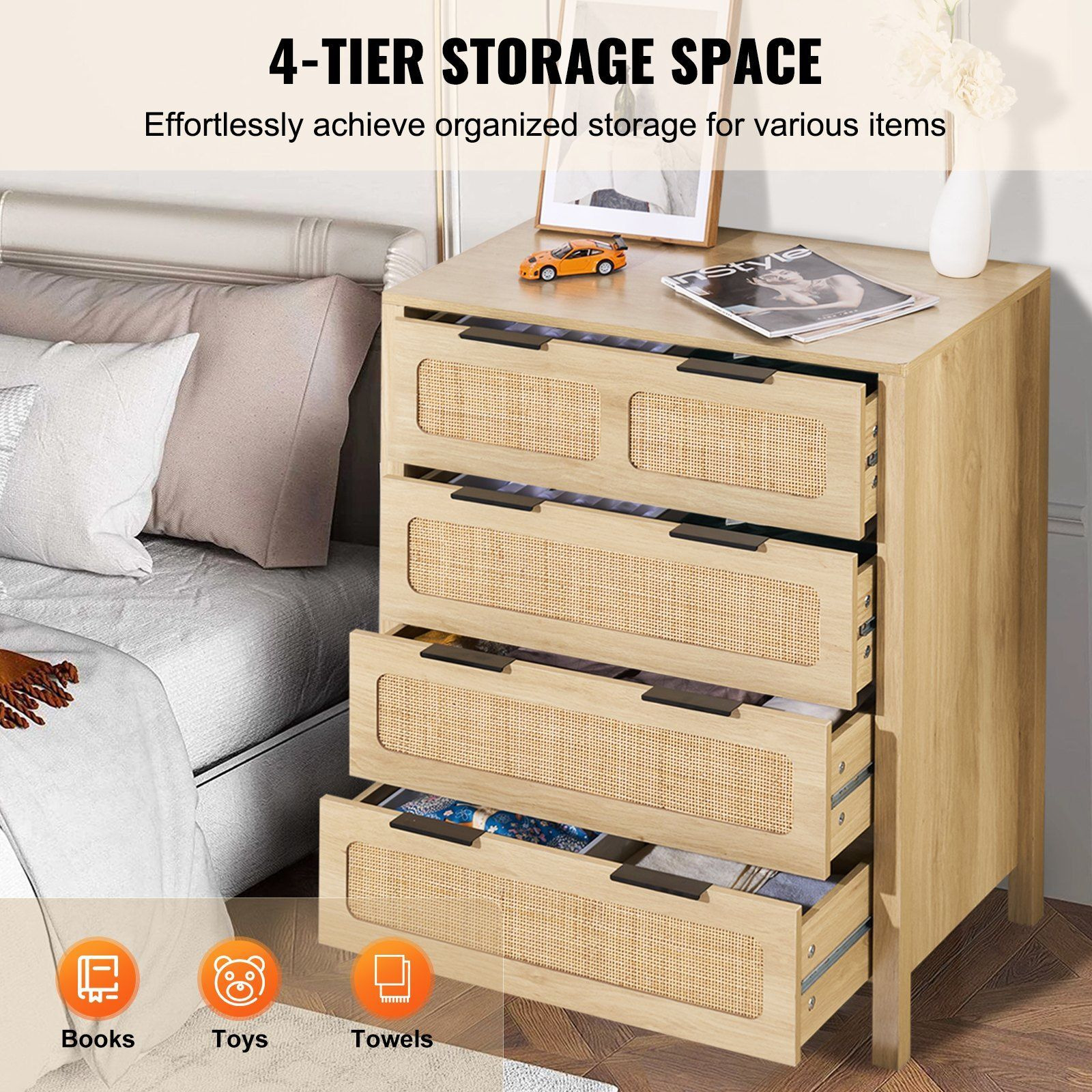 VEVOR 7 Drawer Rattan Dresser, Boho Dresser, Natural Rattan Chest of Drawers with Spacious Storage, for Bedroom, Living Room & Hallway, Rattan Nightstand with Sturdy Handles&Legs, Natural Wood