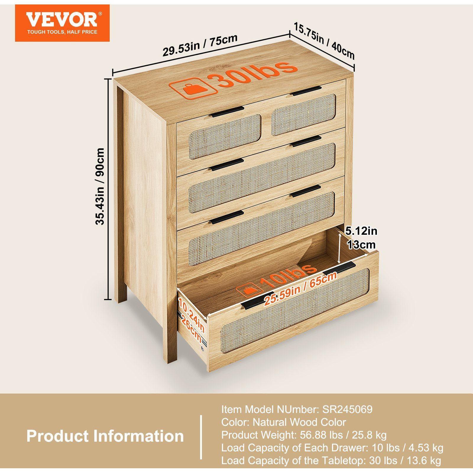 VEVOR 7 Drawer Rattan Dresser, Boho Dresser, Natural Rattan Chest of Drawers with Spacious Storage, for Bedroom, Living Room & Hallway, Rattan Nightstand with Sturdy Handles&Legs, Natural Wood