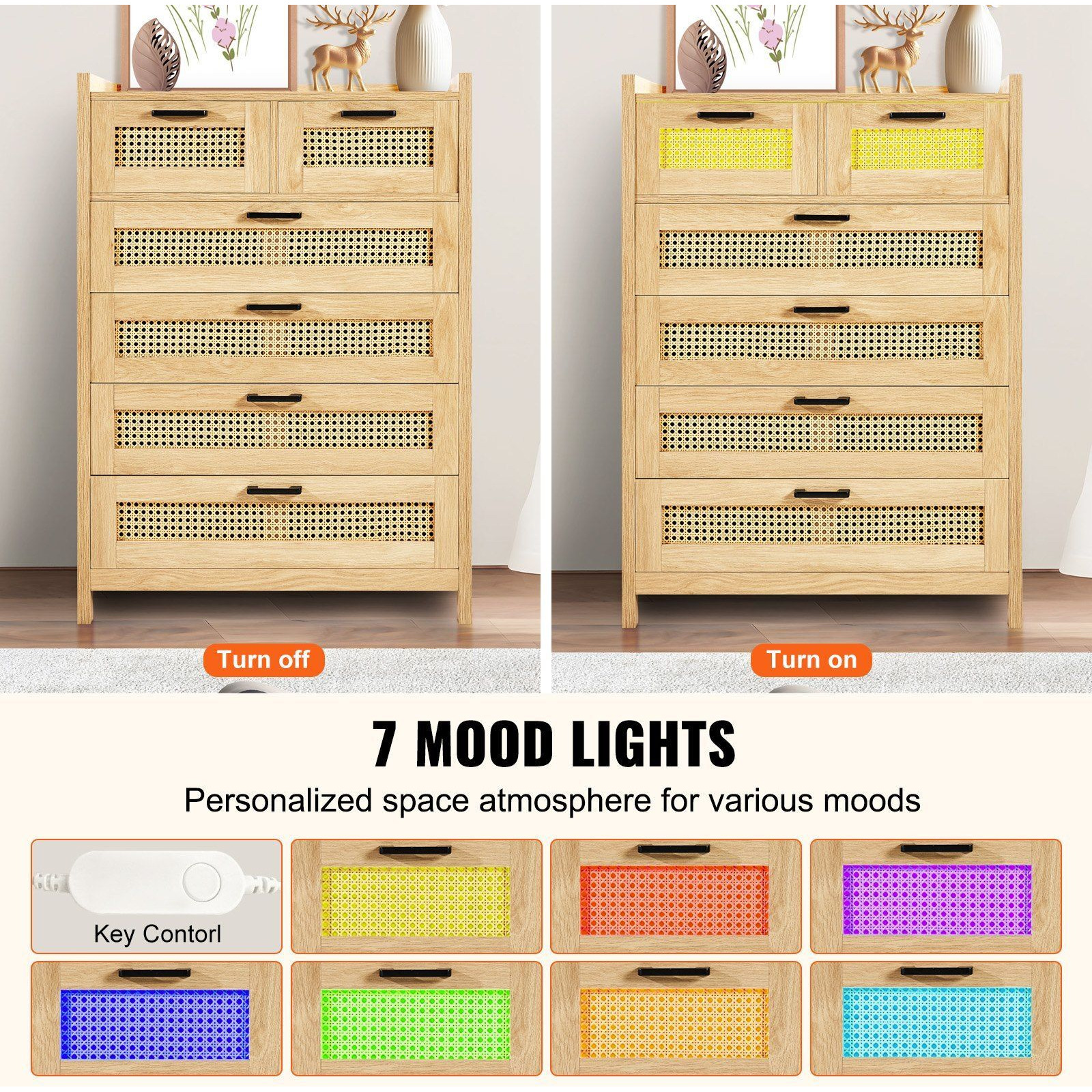 VEVOR 7 Drawer Rattan Dresser, Boho Dresser, Natural Rattan Chest of Drawers with Spacious Storage, for Bedroom, Living Room & Hallway, Rattan Nightstand with Sturdy Handles&Legs, Natural Wood