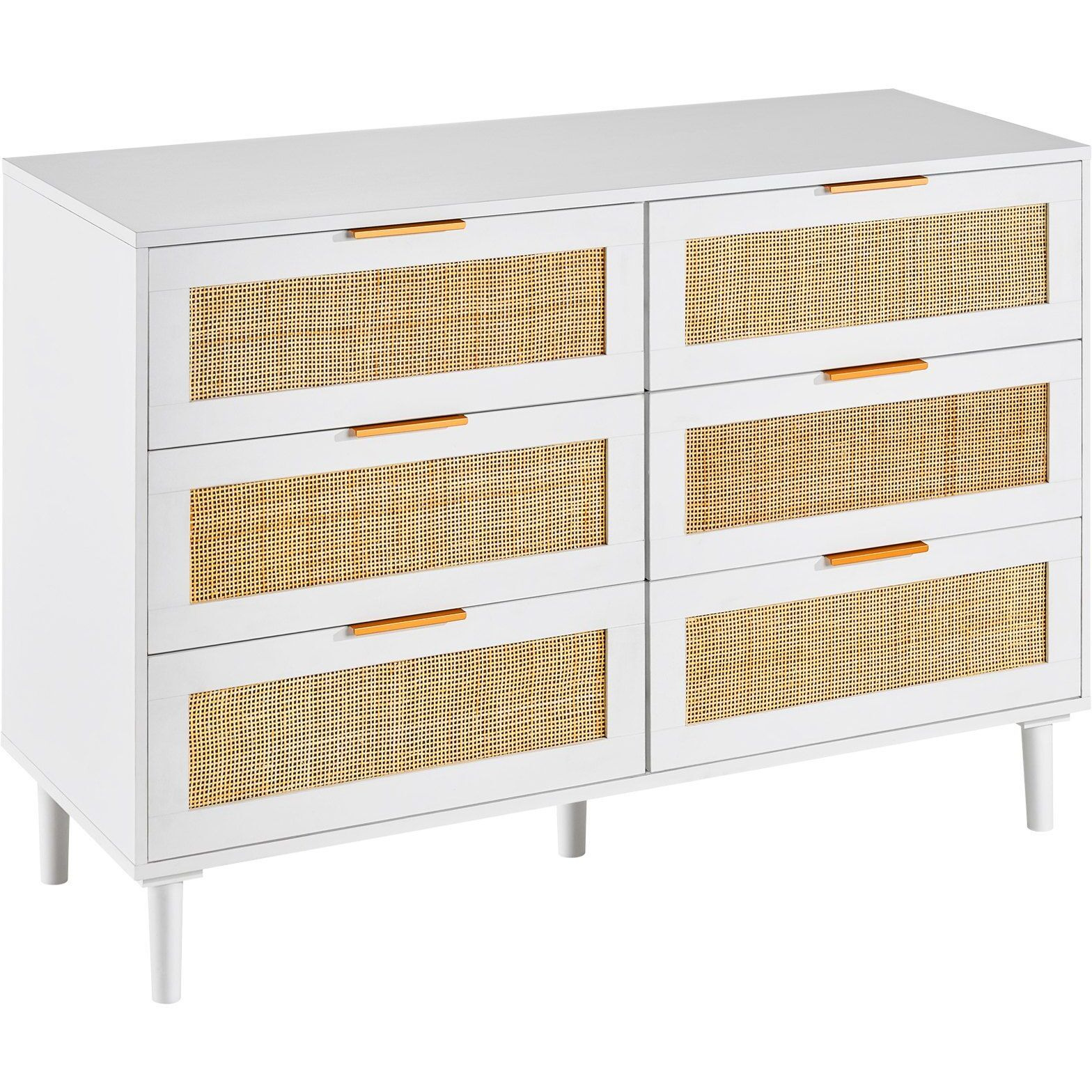 VEVOR 6 Drawer Rattan Dresser, Boho Dresser, Rattan Chest of Drawers with Spacious Storage, Natural Rattan Dresser for Bedroom, Living Room & Hallway, Rattan Nightstand with Sturdy Handles&Legs, White