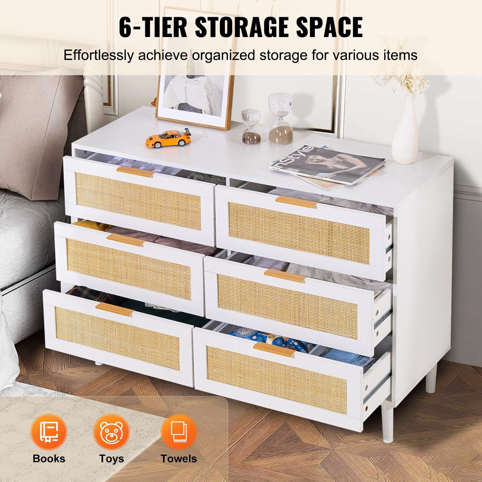VEVOR 6 Drawer Rattan Dresser, Boho Dresser, Rattan Chest of Drawers with Spacious Storage, Natural Rattan Dresser for Bedroom, Living Room & Hallway, Rattan Nightstand with Sturdy Handles&Legs, White