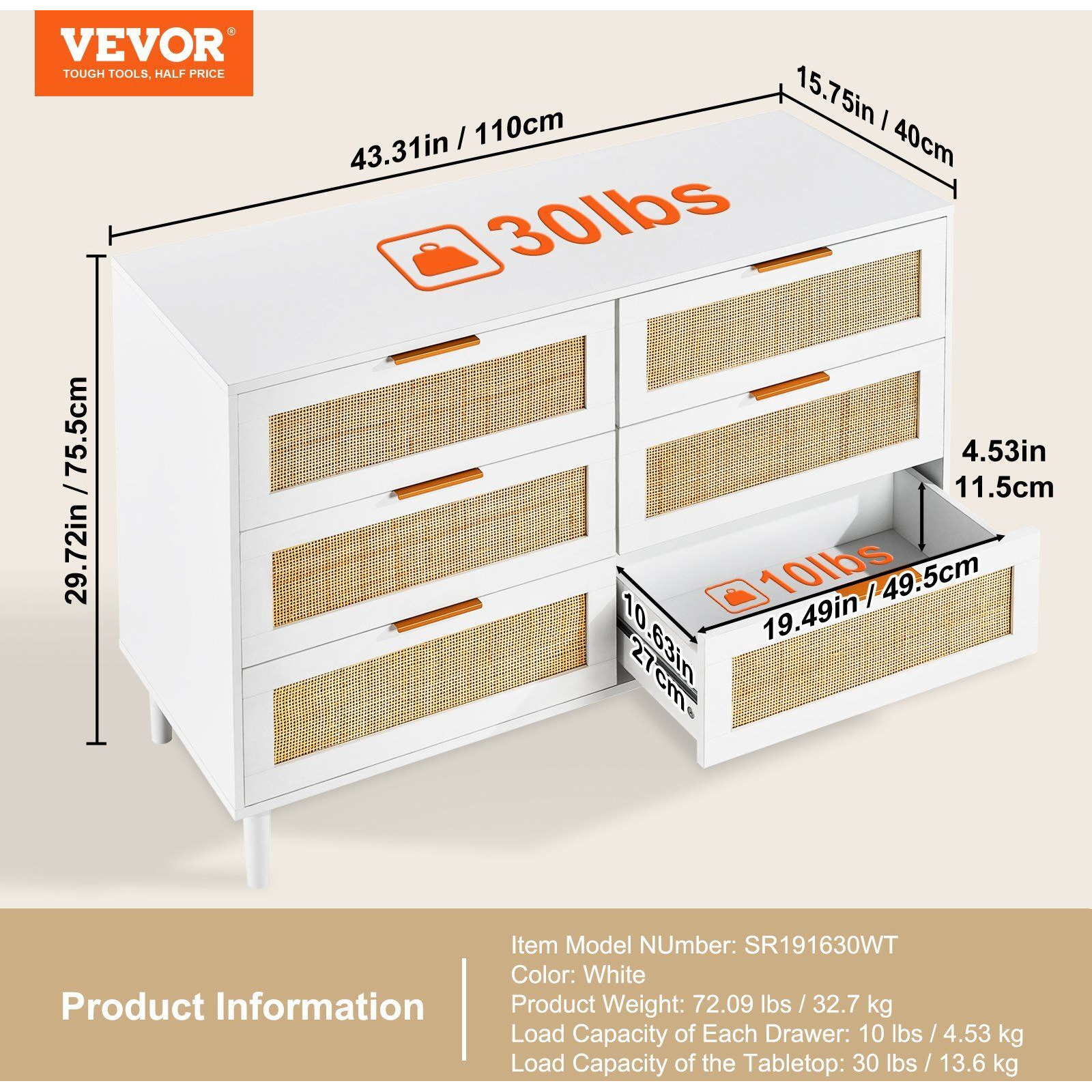 VEVOR 6 Drawer Rattan Dresser, Boho Dresser, Rattan Chest of Drawers with Spacious Storage, Natural Rattan Dresser for Bedroom, Living Room & Hallway, Rattan Nightstand with Sturdy Handles&Legs, White