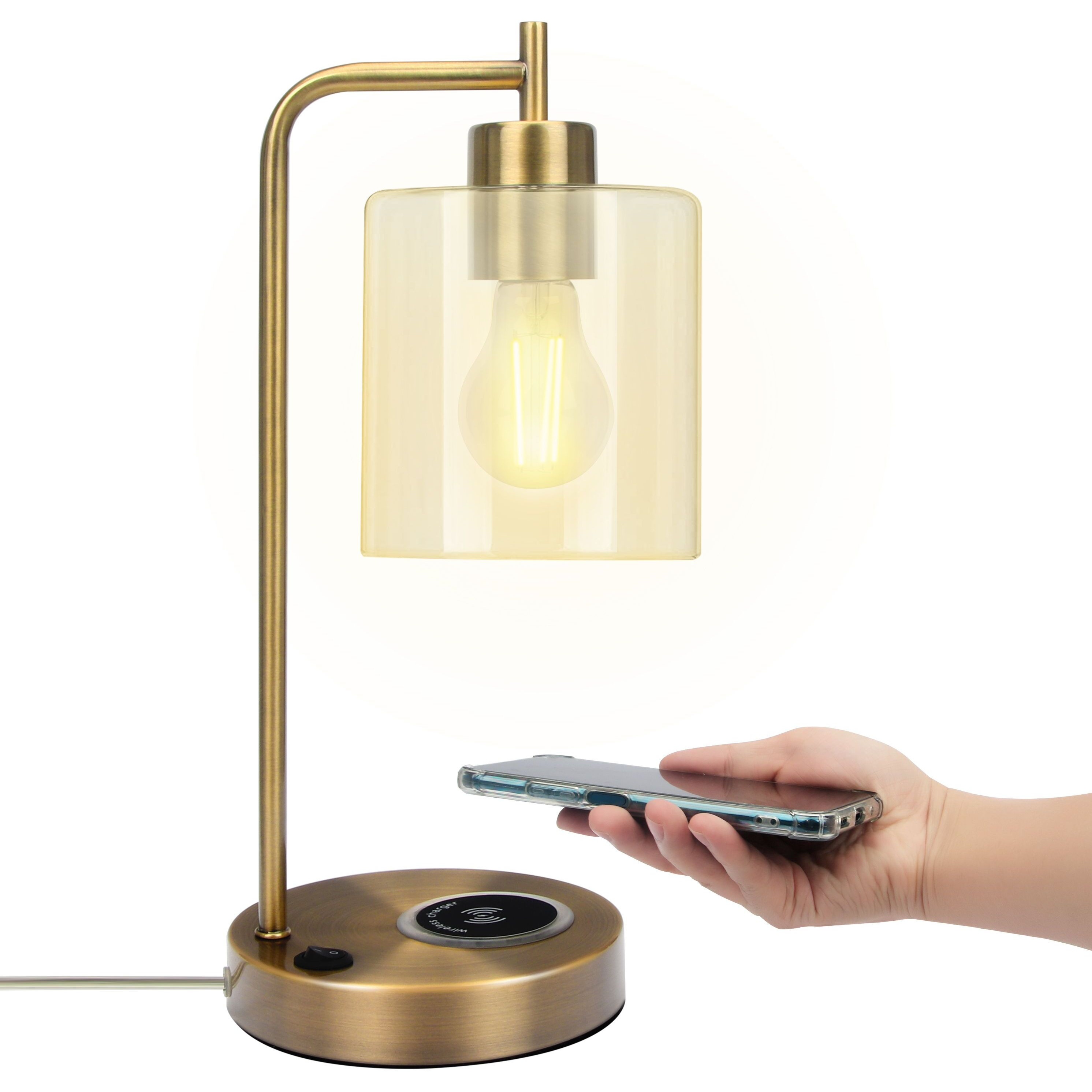 Bourget 16" Antique Brass Table Lamp with Wireless Charging