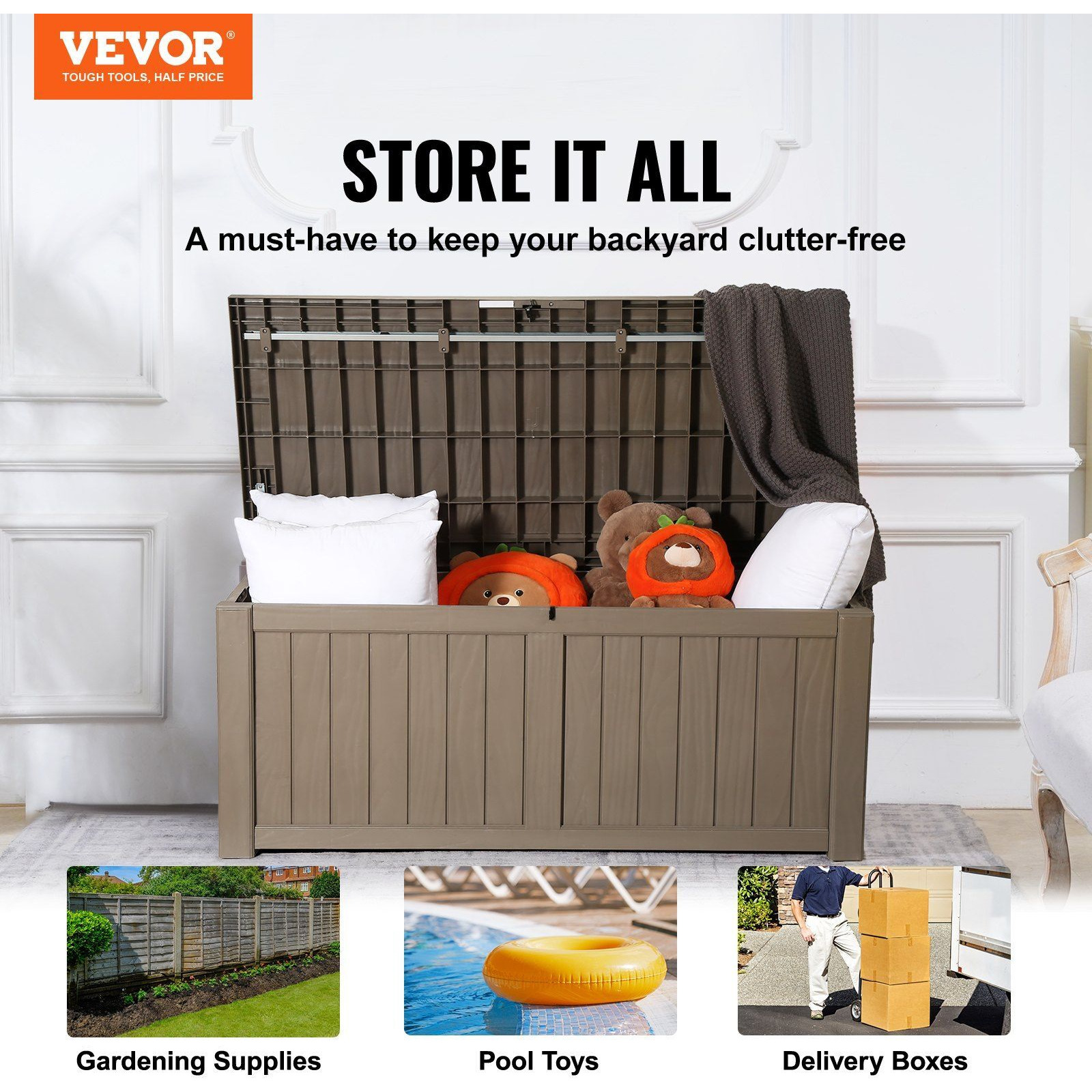 VEVOR Deck Box, 120 Gallon, 56.3" x 26.6" x 23.8" Outdoor Storage Box, Waterproof PP Deckbox with Aluminum Alloy Padlock, for Patio Furniture, Garden Tools, Pool Toys, Outdoor Cushions, Gray