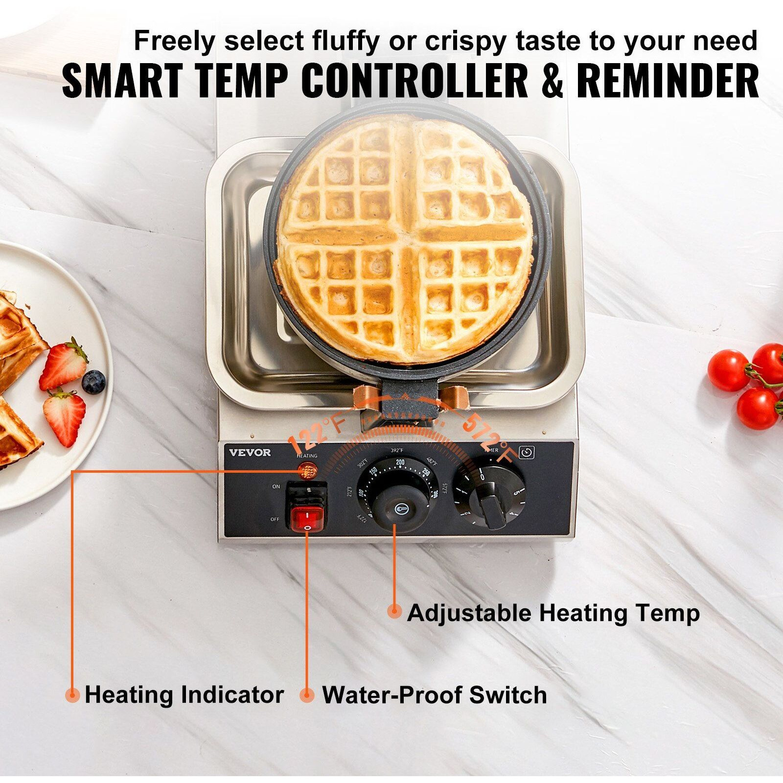 VEVOR Commerical Round Waffle Maker 1300W Rotatable Non-Stick Waffle Iron 120V