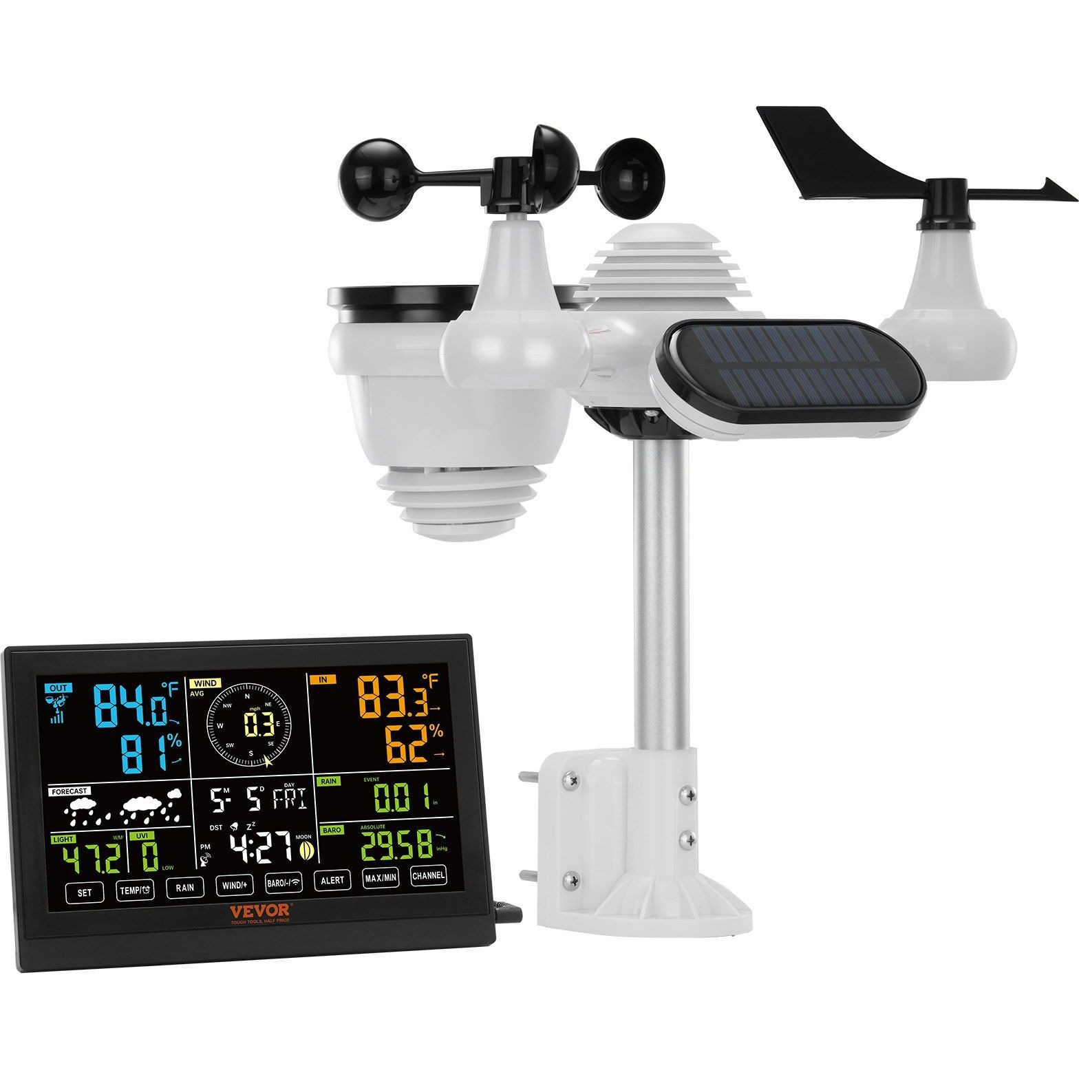 VEVOR 7-in-1 Wireless Weather Station, 7.5 in Large Color Display, Digital Home Weather Station Indoor Outdoor, for Temperature Humidity Wind Speed/Direction Rain UV, with Forecast Data, Alarm, Alerts