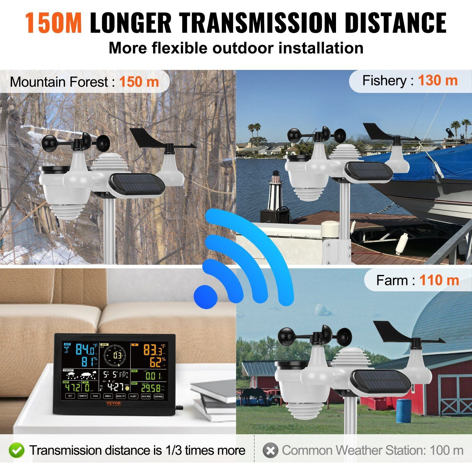 VEVOR 7-in-1 Wireless Weather Station, 7.5 in Large Color Display, Digital Home Weather Station Indoor Outdoor, for Temperature Humidity Wind Speed/Direction Rain UV, with Forecast Data, Alarm, Alerts