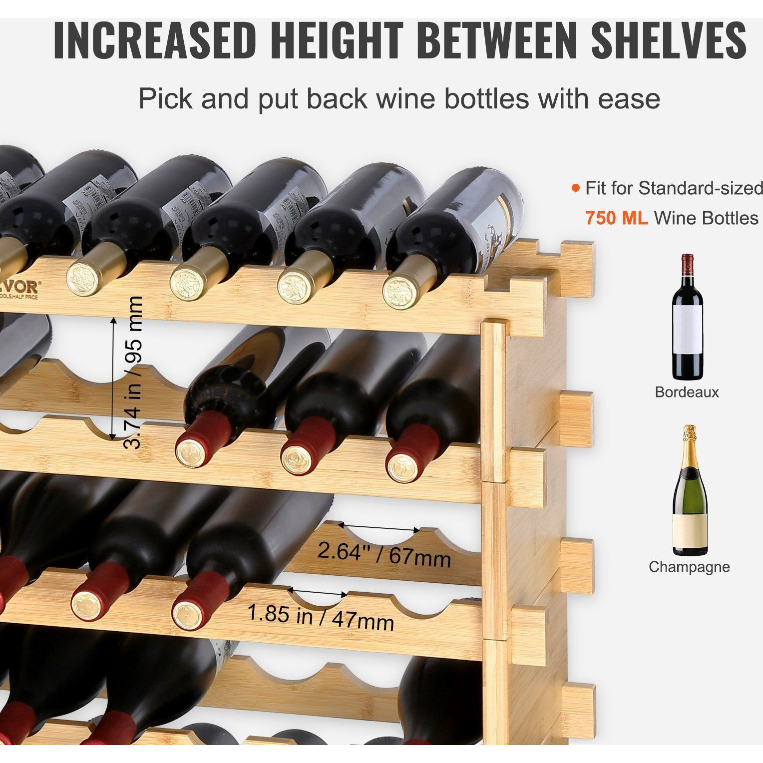 VEVOR 72 Bottle Stackable Modular Wine Rack Bamboo Wood Display Shelf 8-Tier