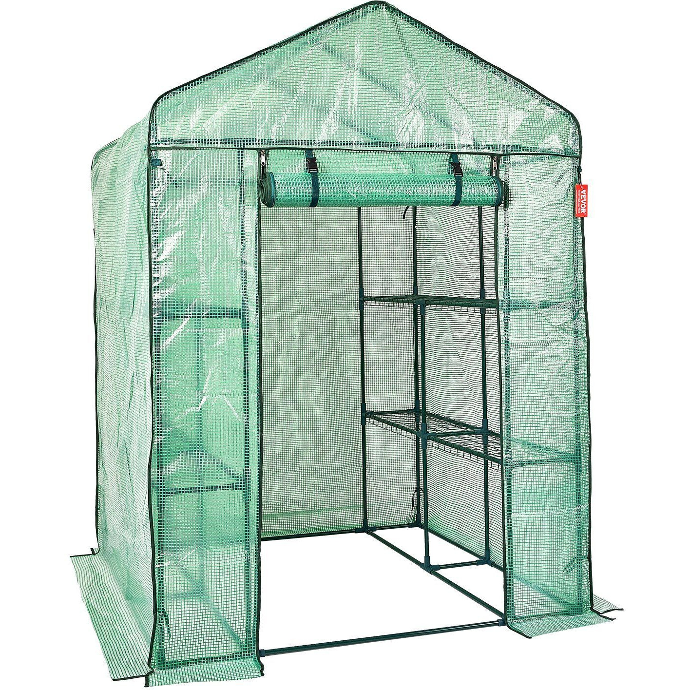 VEVOR Walk-in Green House, 4.6 x 4.6 x 6.6 ft , Greenhouse with Shelves, High Strength PE Cover with Zipper Door and Steel Frame, Assembly in Minutes, Suitable for Planting and Storage
