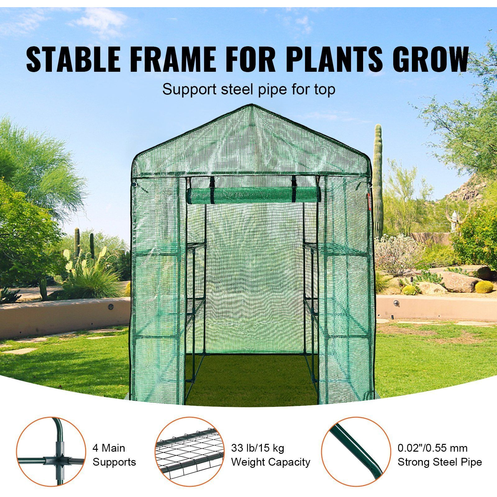 VEVOR Walk-in Green House, 4.6 x 4.6 x 6.6 ft , Greenhouse with Shelves, High Strength PE Cover with Zipper Door and Steel Frame, Assembly in Minutes, Suitable for Planting and Storage