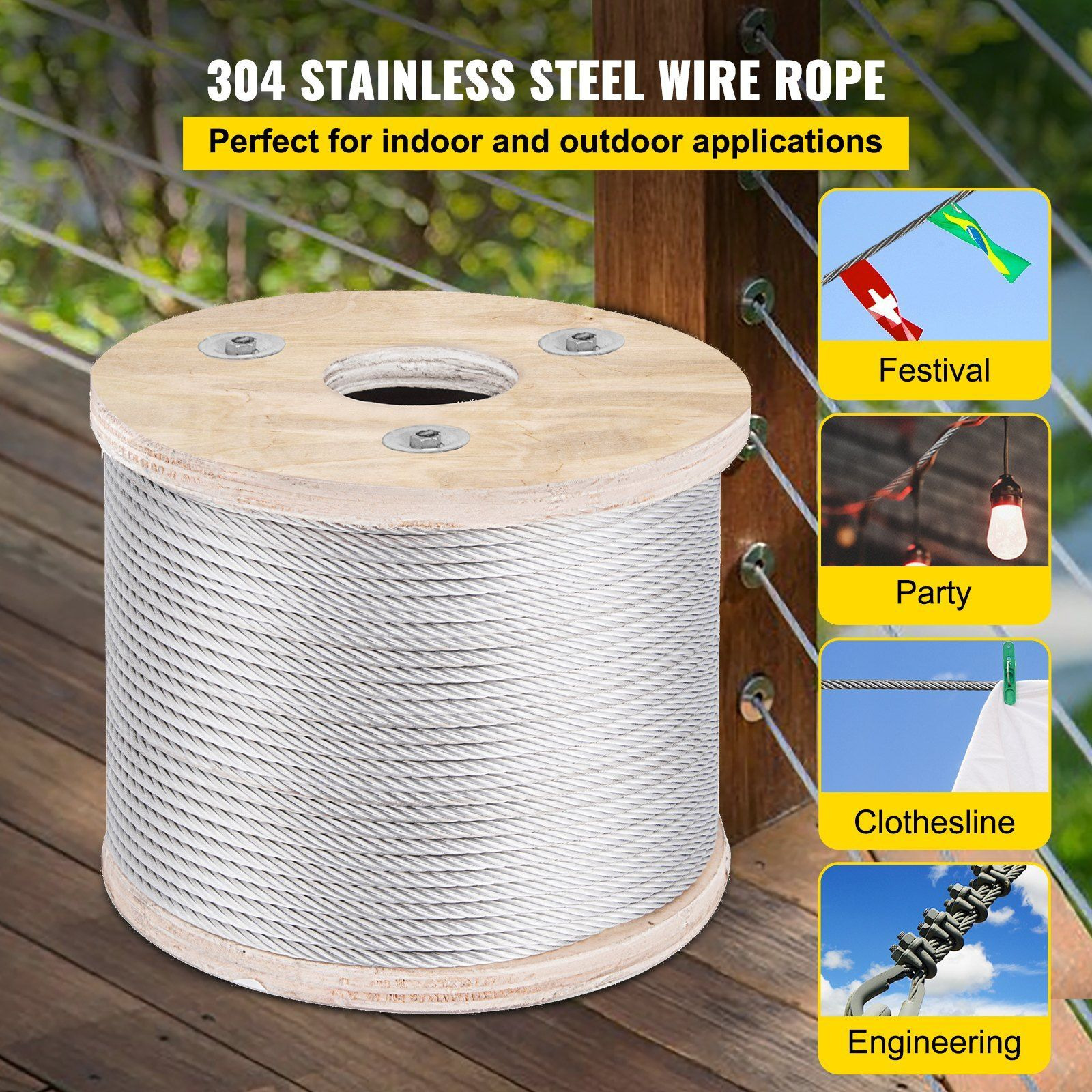 VEVOR Stainless Steel Cable Railing 3/16&quotx 250ft, Wire Rope 304 Marine Grade, Braided Aircraft Cable 7x19 Strands Construction for Deck Rail Balusters Stair Handrail Porch Fence