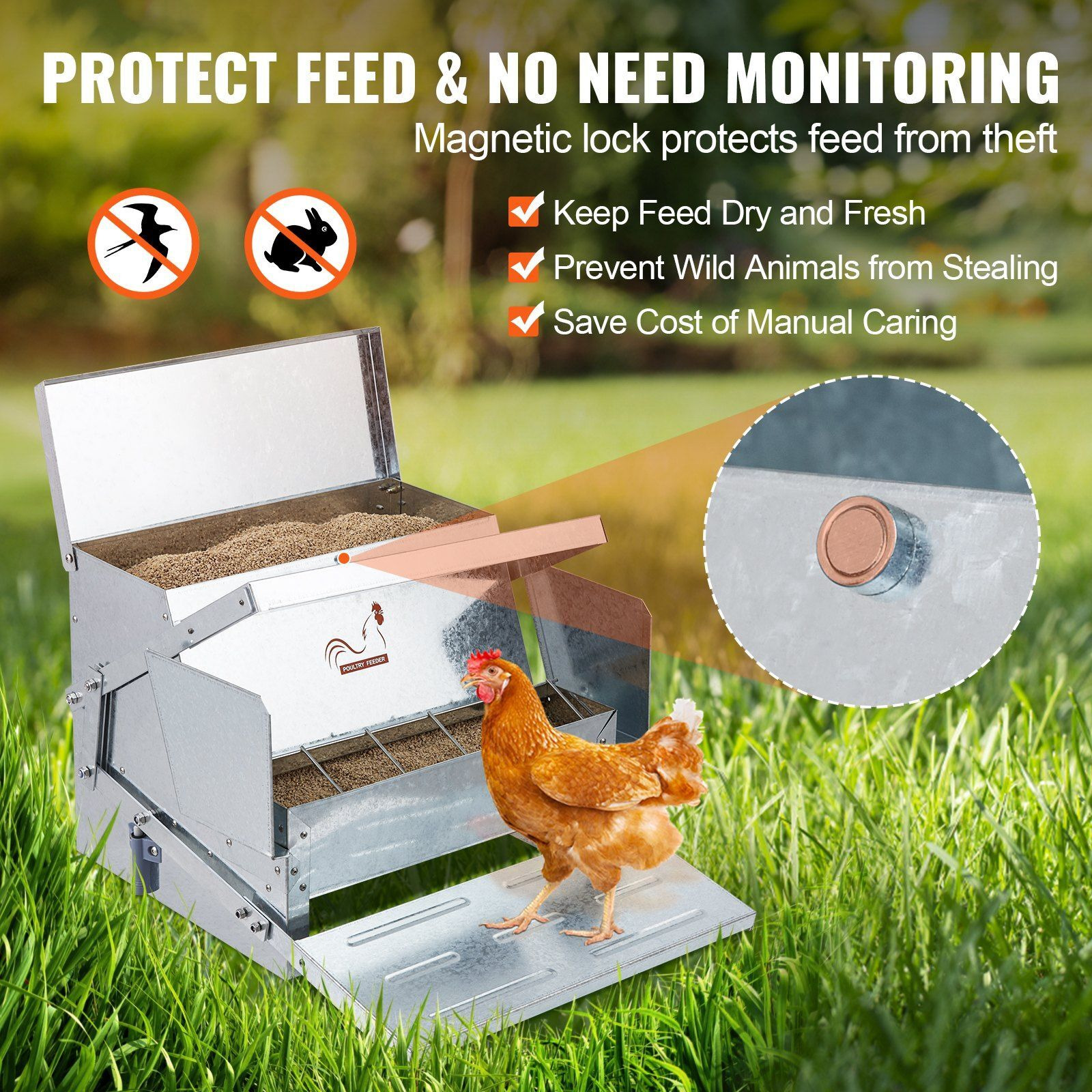 VEVOR Automatic Chicken Feeder, 25 lbs Capacity Feeds 10 Chickens up to 11 Days, Galvanized Steel Poultry Feeder