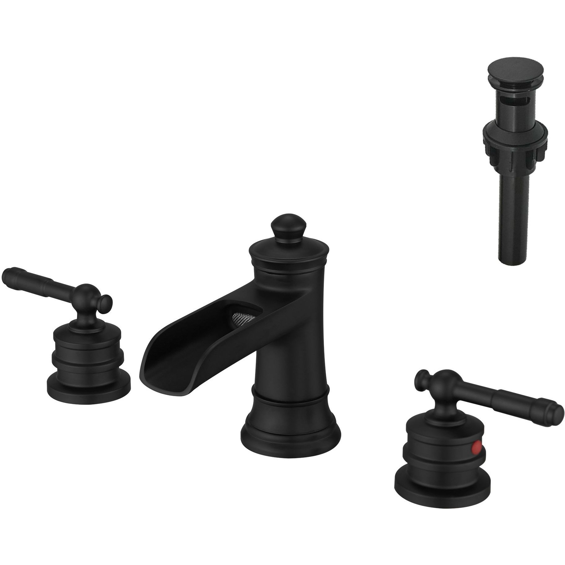 Waterfall Bathroom Sink Faucet 3 Hole Dual Handle 8 Inch Bath Faucet with Plastic Perforated Drainer