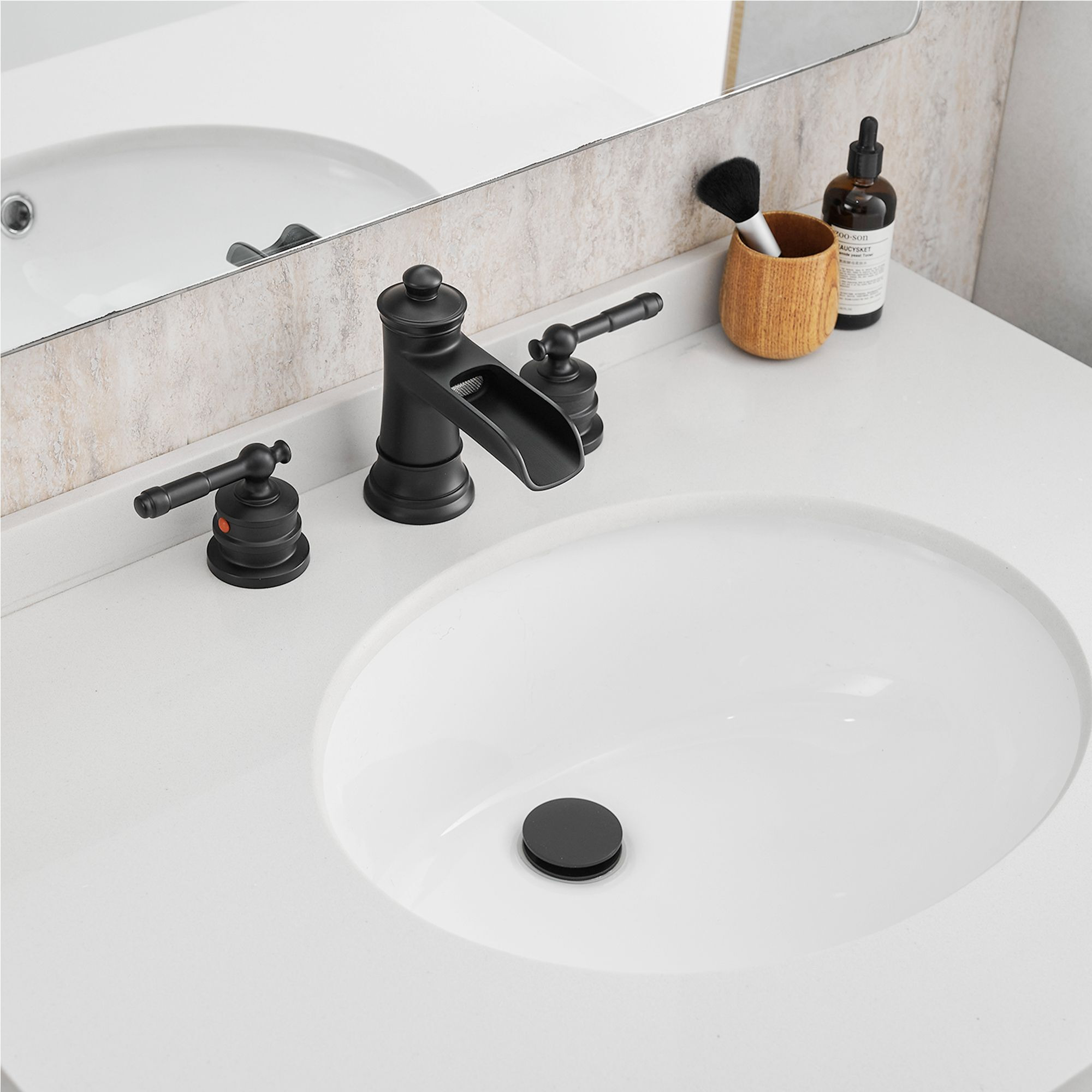 Waterfall Bathroom Sink Faucet 3 Hole Dual Handle 8 Inch Bath Faucet with Plastic Perforated Drainer