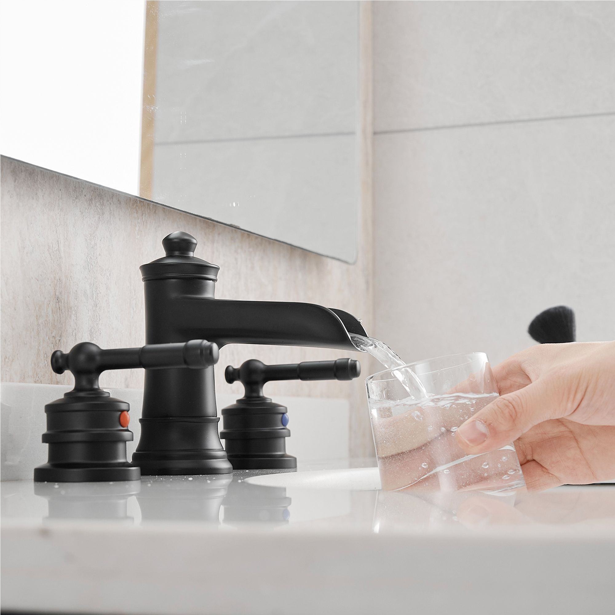 Waterfall Bathroom Sink Faucet 3 Hole Dual Handle 8 Inch Bath Faucet with Plastic Perforated Drainer