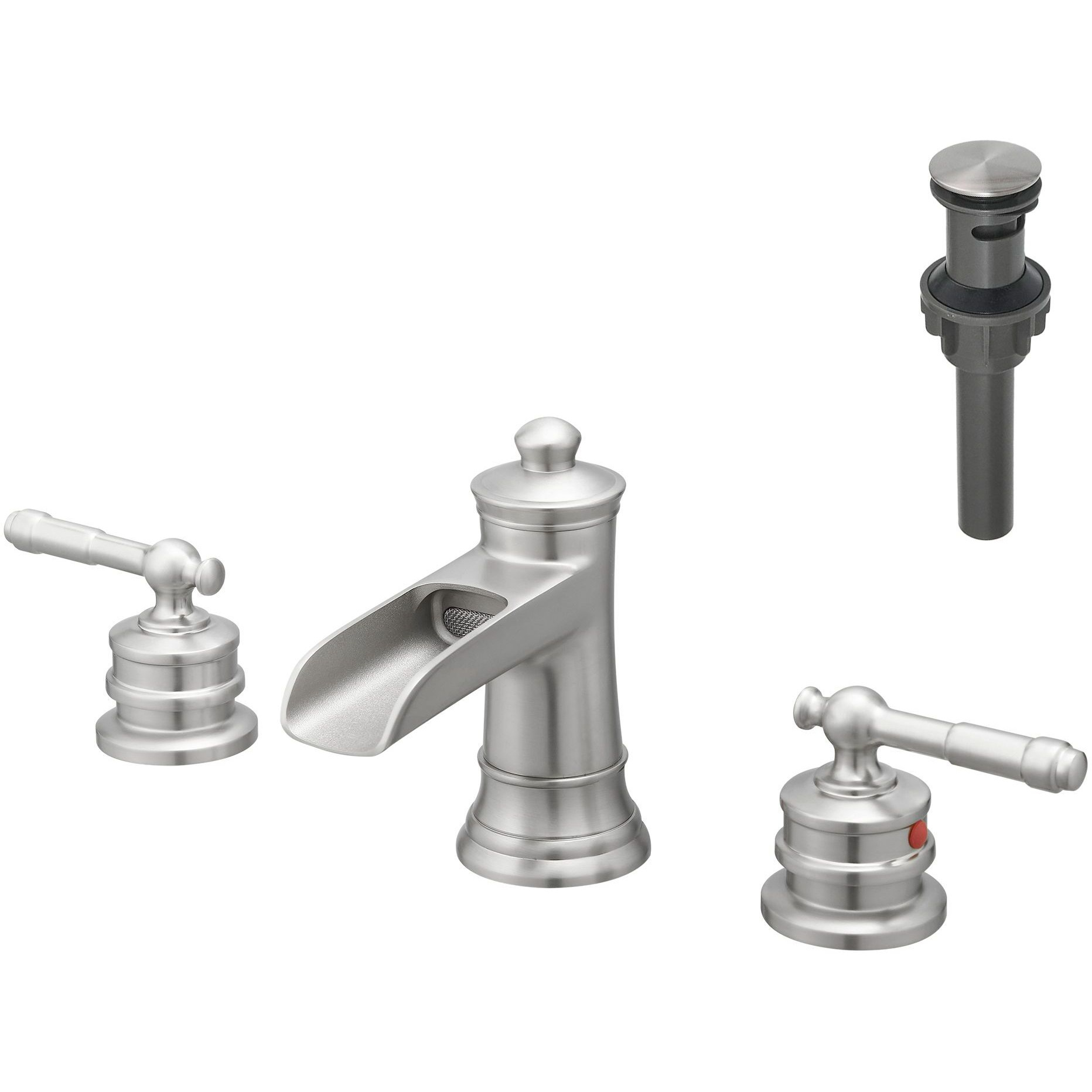 Waterfall Bathroom Sink Faucet 3 Hole Dual Handle 8 Inch Bath Faucet with Plastic Perforated Drainer
