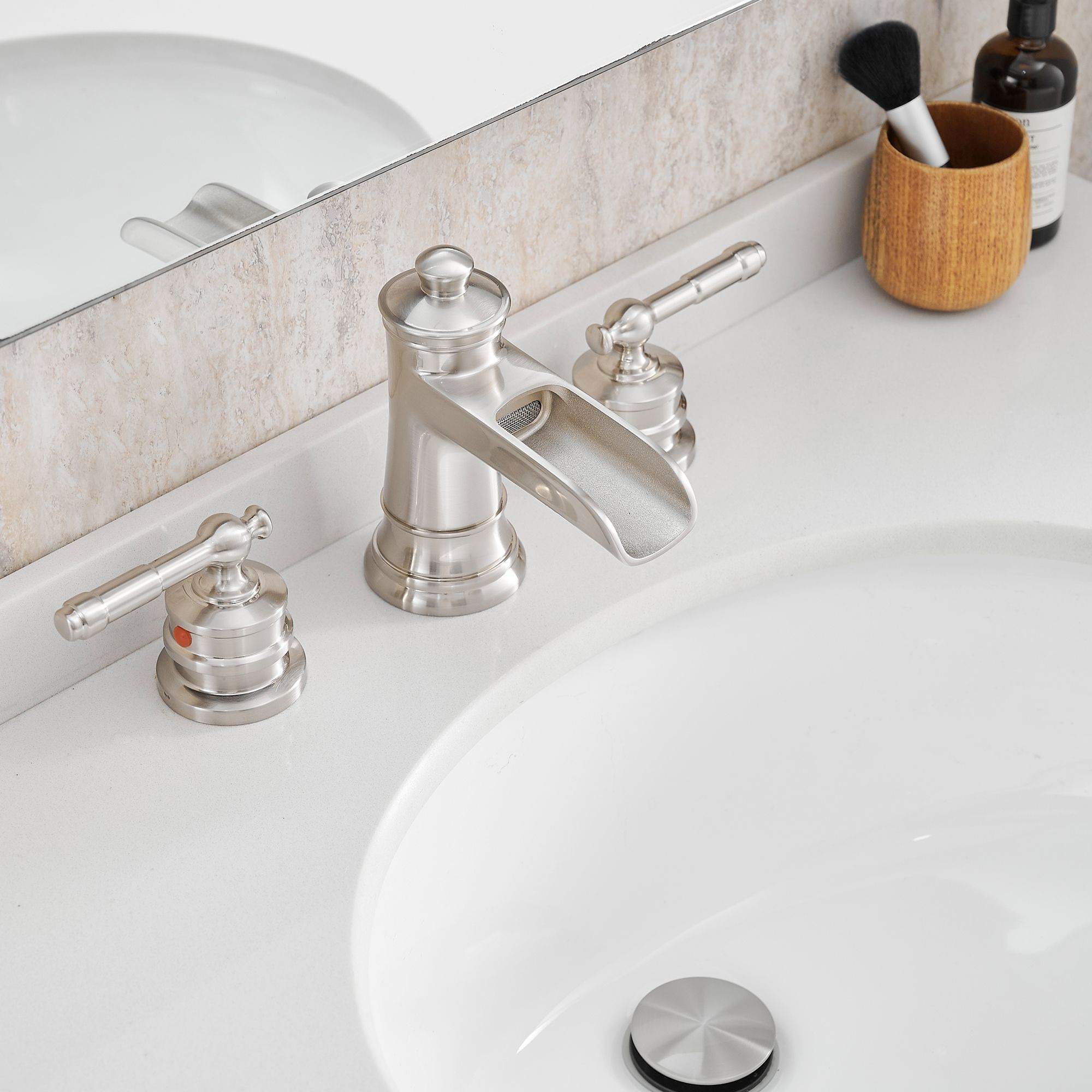 Waterfall Bathroom Sink Faucet 3 Hole Dual Handle 8 Inch Bath Faucet with Plastic Perforated Drainer