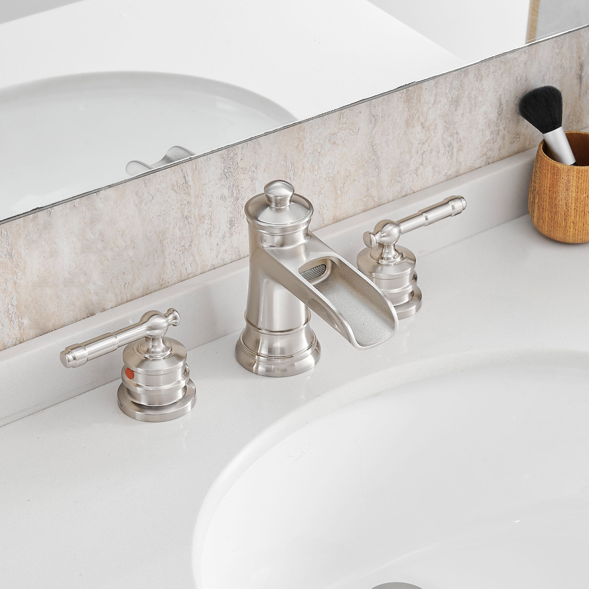 Waterfall Bathroom Sink Faucet 3 Hole Dual Handle 8 Inch Bath Faucet with Plastic Perforated Drainer