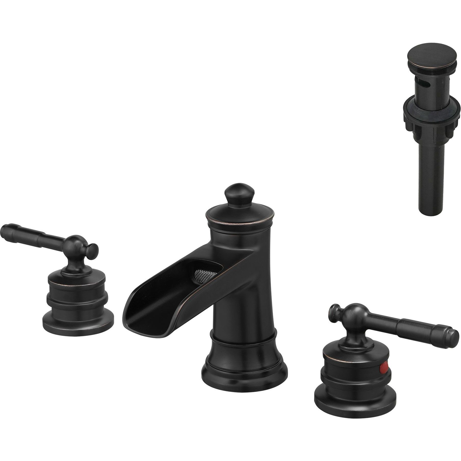 Waterfall Bathroom Sink Faucet 3 Hole Dual Handle 8 Inch Bath Faucet with Plastic Perforated Drainer