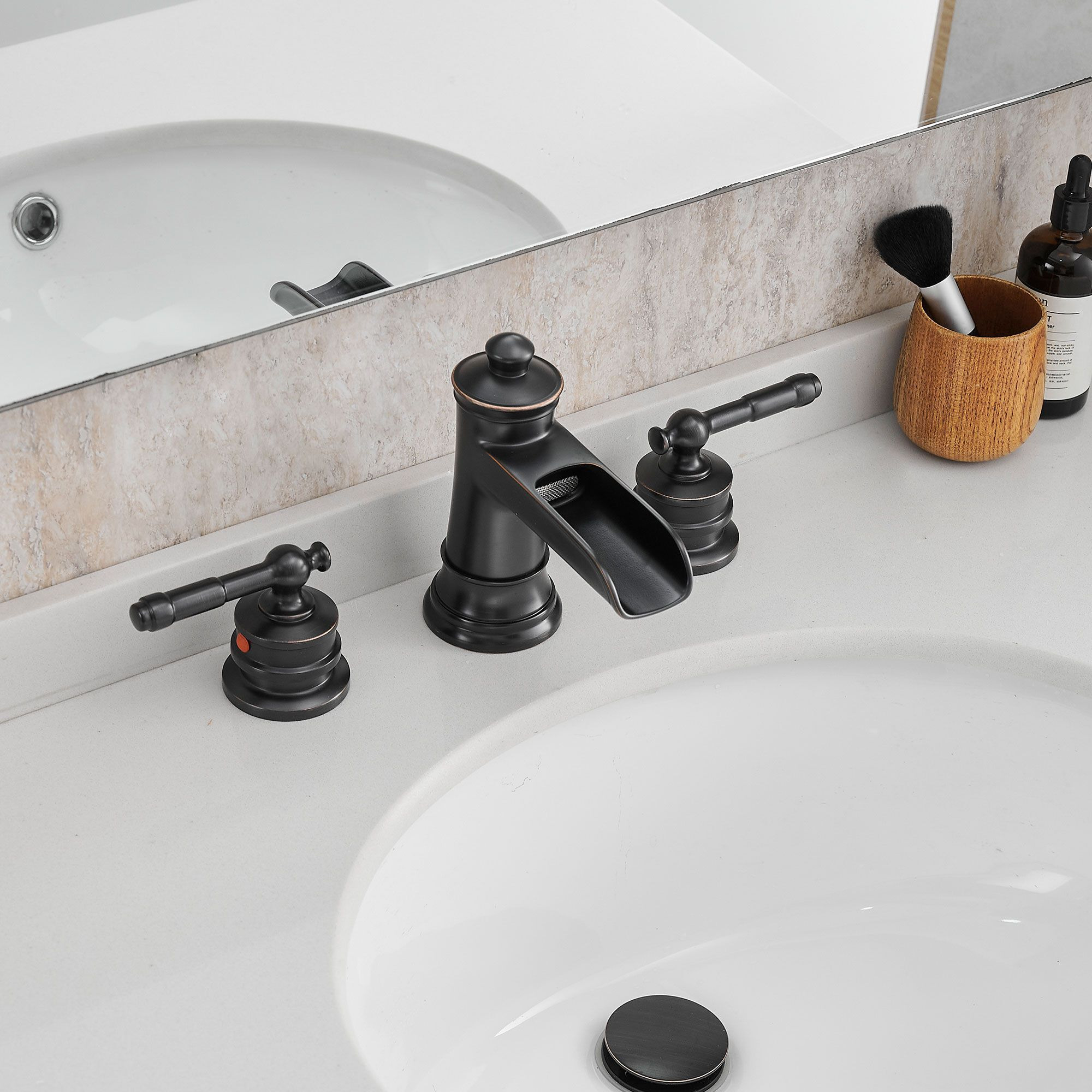 Waterfall Bathroom Sink Faucet 3 Hole Dual Handle 8 Inch Bath Faucet with Plastic Perforated Drainer