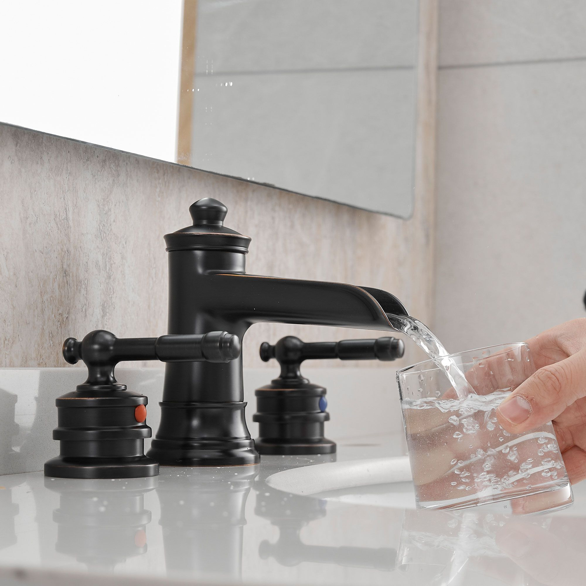 Waterfall Bathroom Sink Faucet 3 Hole Dual Handle 8 Inch Bath Faucet with Plastic Perforated Drainer
